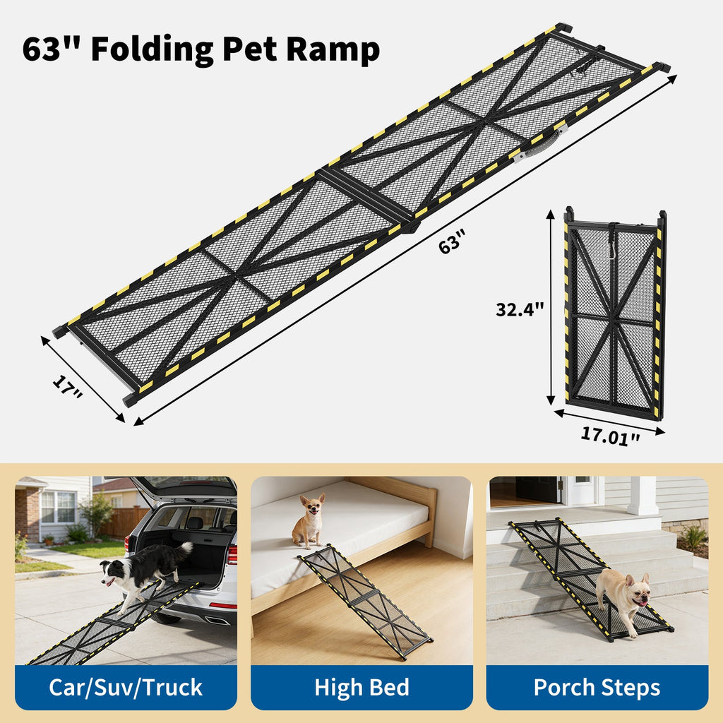 Garvee Heavy Duty Portable Steel Dog Ramp for Cars, 63"×17" Wide Folding Pet Ramp for Large Dogs with Anti-Slip Mesh Incline Access Car Ramp for SUV/Truck/RV, Outdoor Dog Ramp 300 lbs Capacity