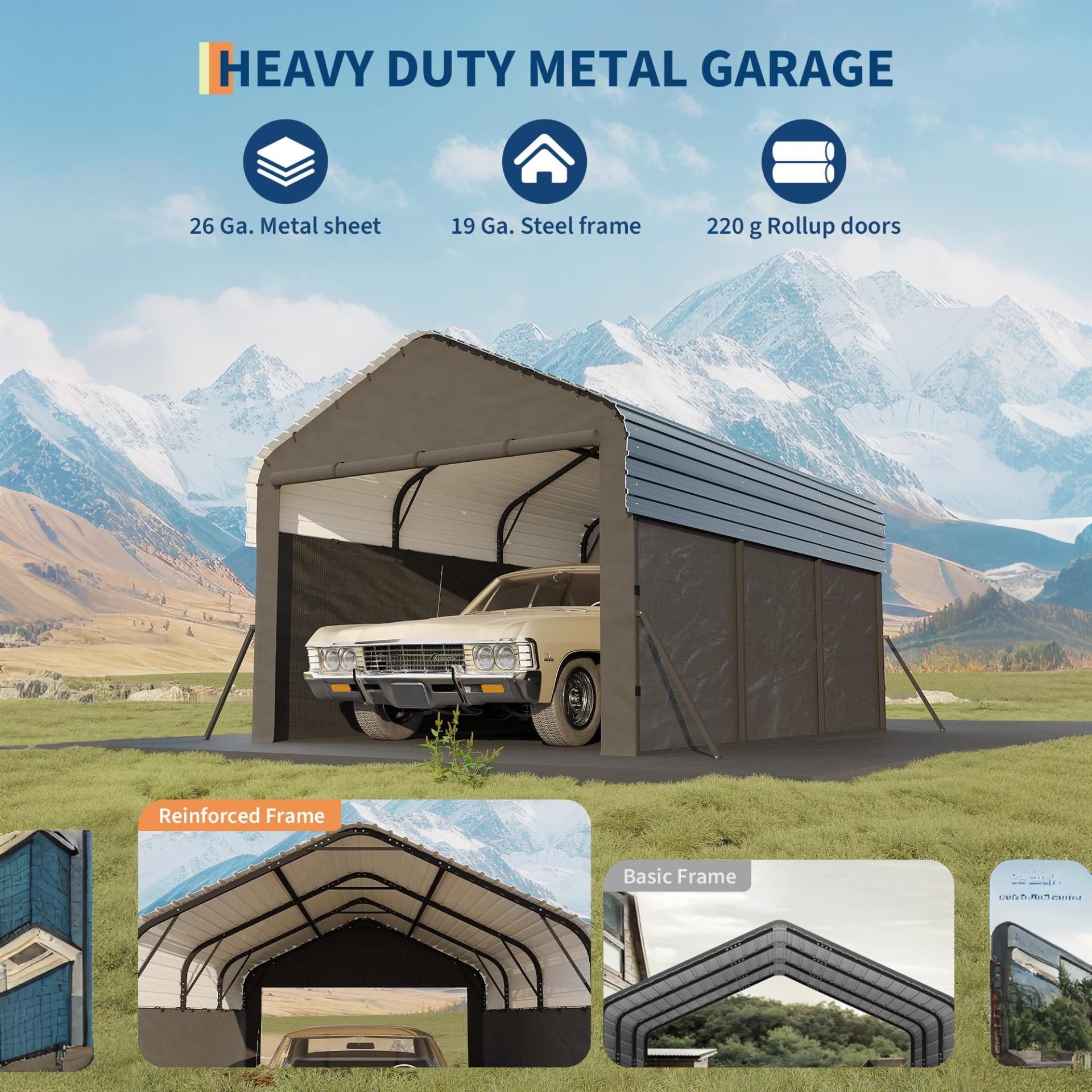 Garvee Enclosed Metal Carport 10×15 ft, 220g PE Tarp, 1.6" 19-Gauge Steel Frame, 106" H Outdoor Shelter for Sedans Boats Tractors