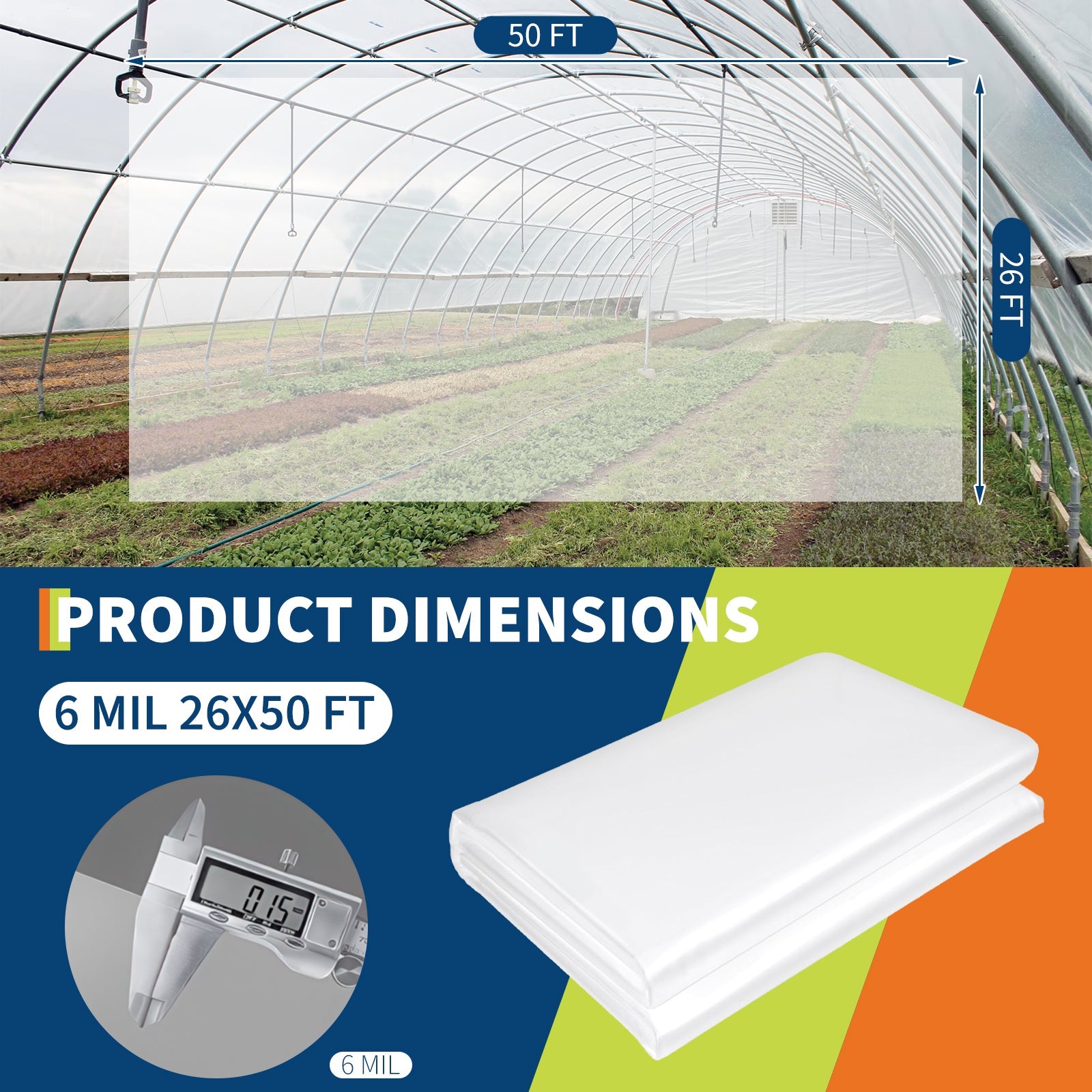 Garvee Greenhouse Plastic Sheeting 26 × 50 FT, 6 Mil Clear LDPE Greenhouse Film with 2-Year Anti-Aging Design for Farm, Garden, Agriculture, Painting and Outdoor Covering
