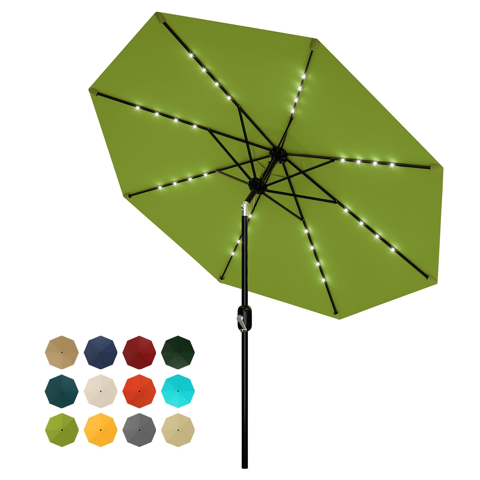 Garvee 10 FT Patio Umbrella with Solar Lights, Outdoor Table Umbrella with 8 Durable Ribs, Tilt & Crank Mechanism, Waterproof & UV Protection for Garden, Backyard, Poolside, Green