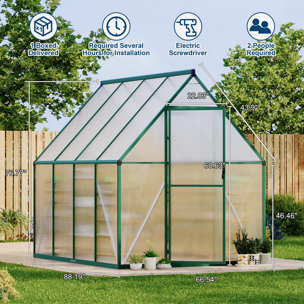 Garvee 6 × 7 FT Polycarbonate Greenhouse, Walk-In Outdoor Plant House with 4 mm Twin-Wall Panels, Aluminum Frame, Lockable Sliding Door, Roof Vent and Rain Gutters, Green