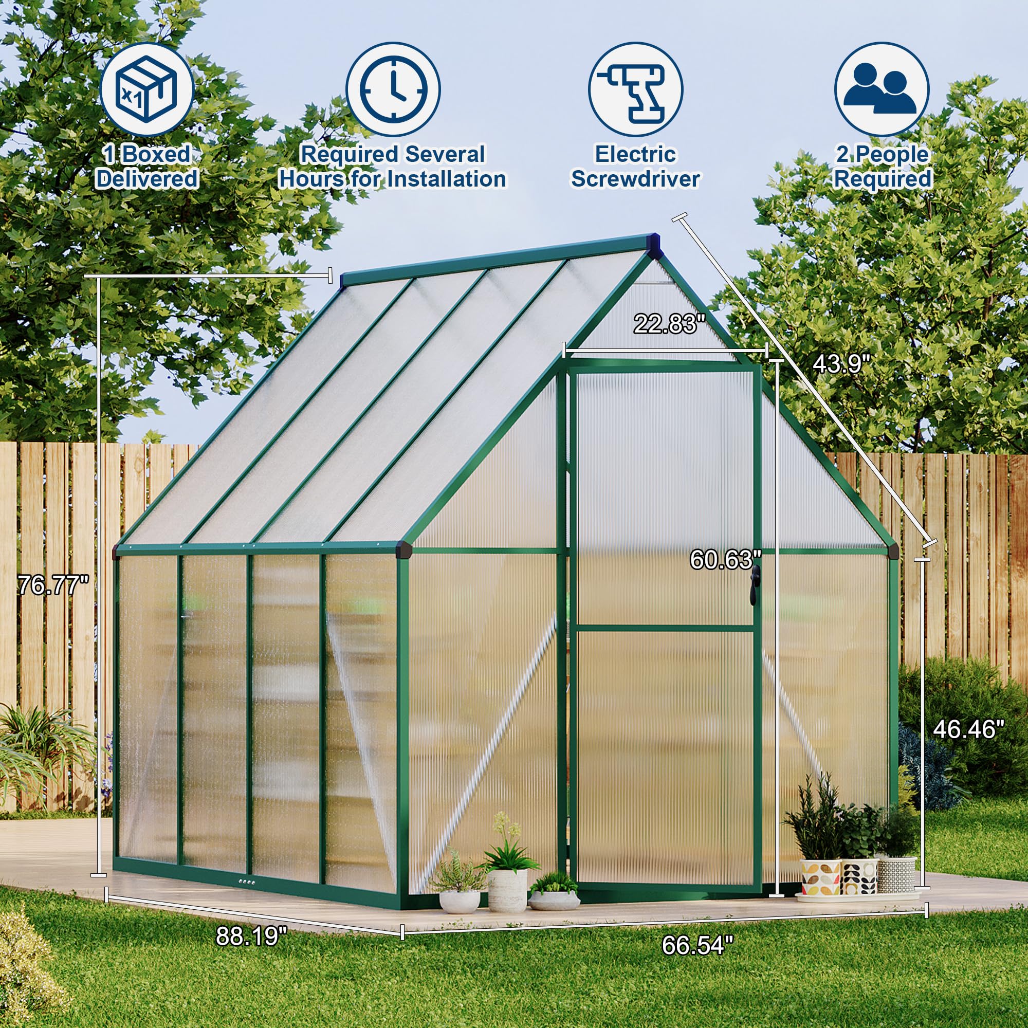 Garvee 6 × 7 FT Polycarbonate Greenhouse, Walk-In Outdoor Plant House with 4 mm Twin-Wall Panels, Aluminum Frame, Lockable Sliding Door, Roof Vent and Rain Gutters, Green