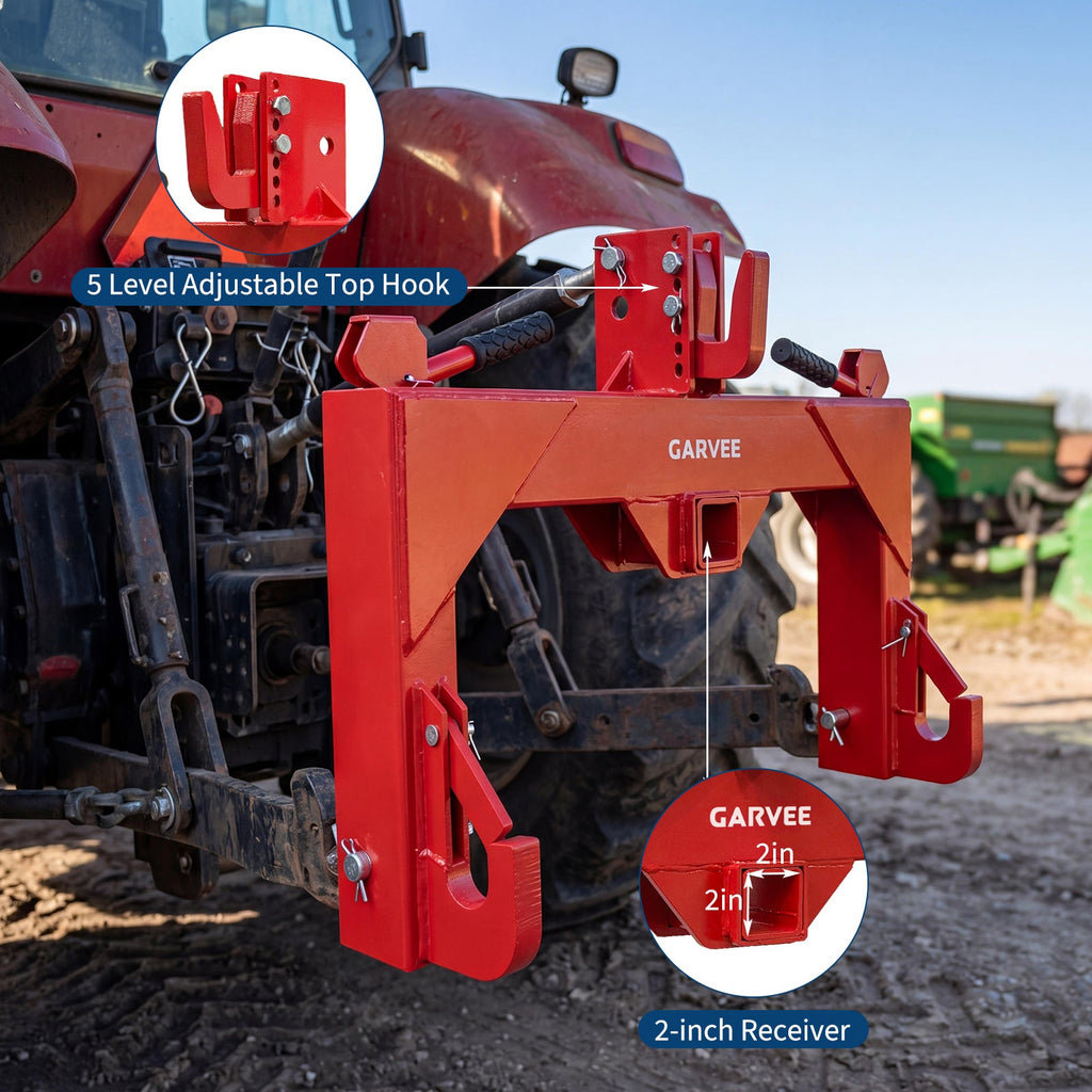 Garvee Heavy Duty 3-Point Quick Hitch Tool Set for Category 1 Tractors - Upgraded Versatile Adapter, 2" Receiver, 5-Level Adjustable Bolt, 3000 lbs Capacity, Trailer Hitch Attachment - Red