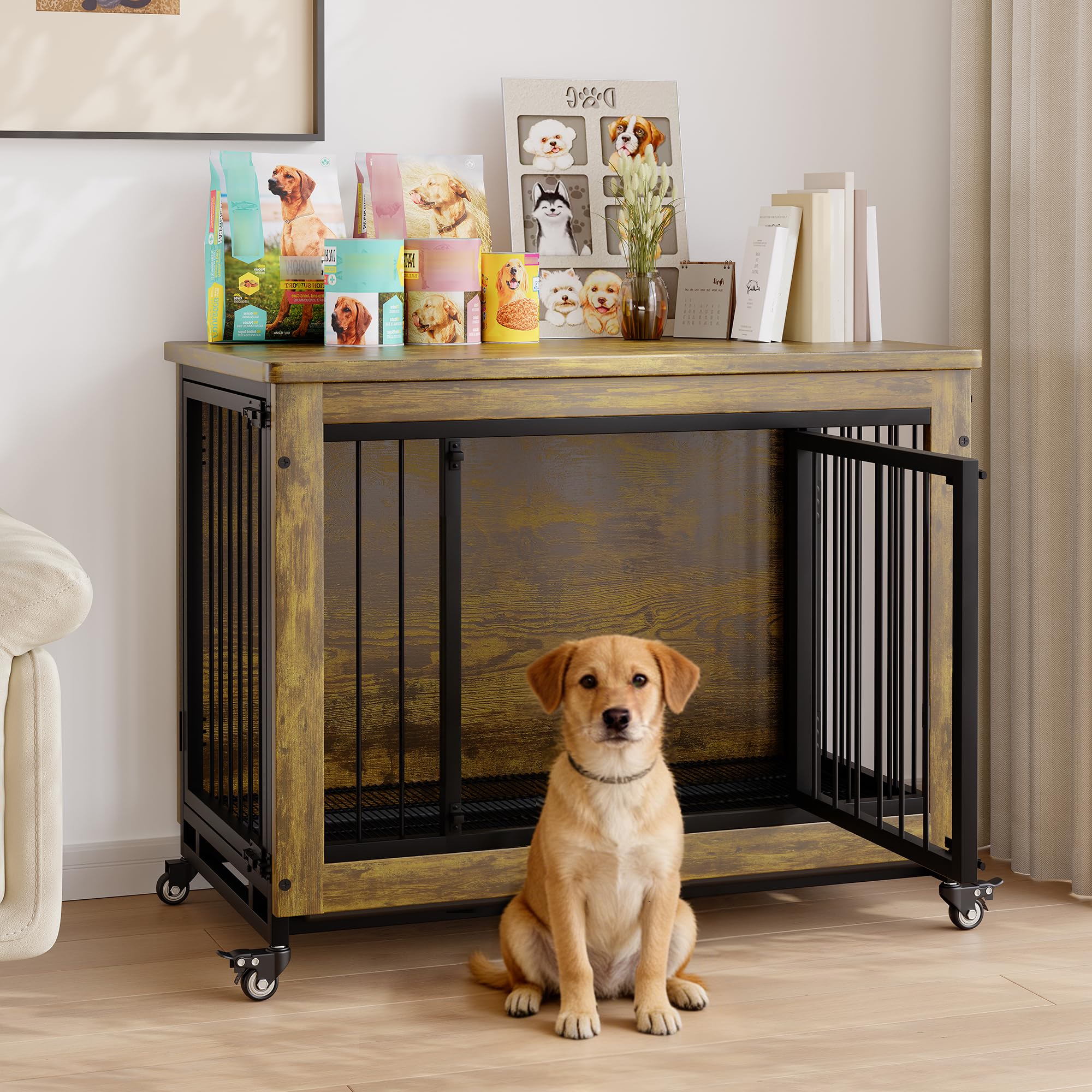 Garvee 38.6" Heavy Duty Dog Crate Furniture with  3 Doors & Wheels, Rustic Indoor Kennel Furniture Pet Crate with Carbon Steel Bars & Removable Tray for Small to Medium Dogs