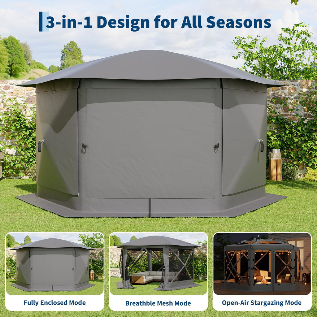 Garvee 10 x 12 FT Screen Tent, 6-Sided Pop-Up Gazebo with Removable Canopy, Waterproof UV-Resistant Mesh Shelter for Camping, Patio & Backyard, Gray