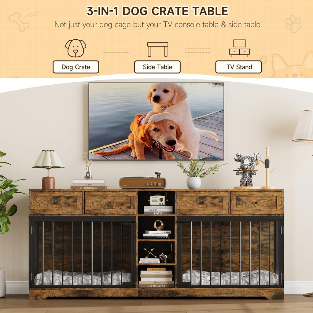 Garvee 82" Large Dog Crate for 2 Dogs, Dog Kennel Indoor with 4 Drawers and Shelves, Heavy Duty Double Dog Crate Furniture TV Stand, Wooden Dog Cage for Medium Large Dogs, Brown