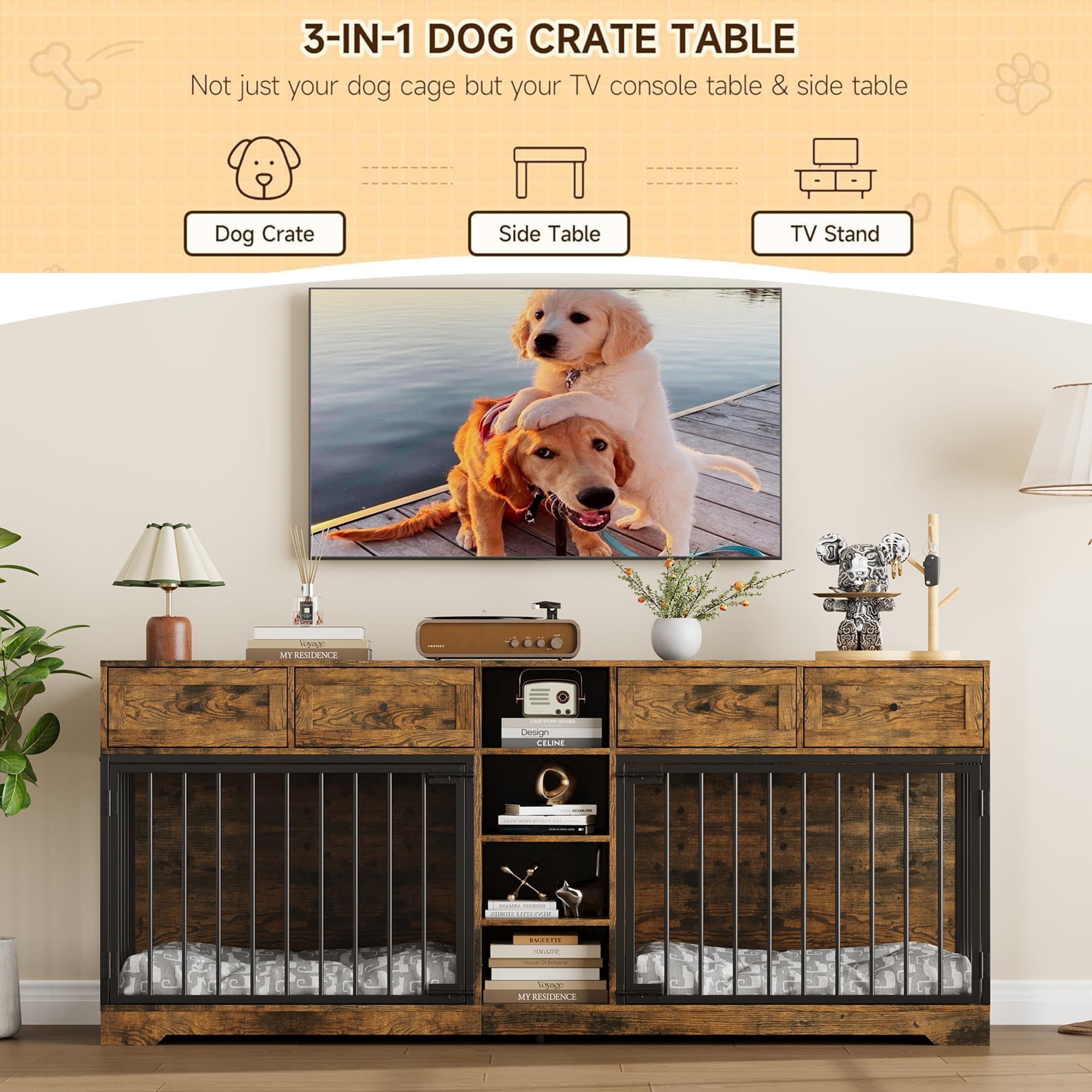 Garvee 82" Large Dog Crate for 2 Dogs, Dog Kennel Indoor with 4 Drawers and Shelves, Heavy Duty Double Dog Crate Furniture TV Stand, Wooden Dog Cage for Medium Large Dogs, Brown