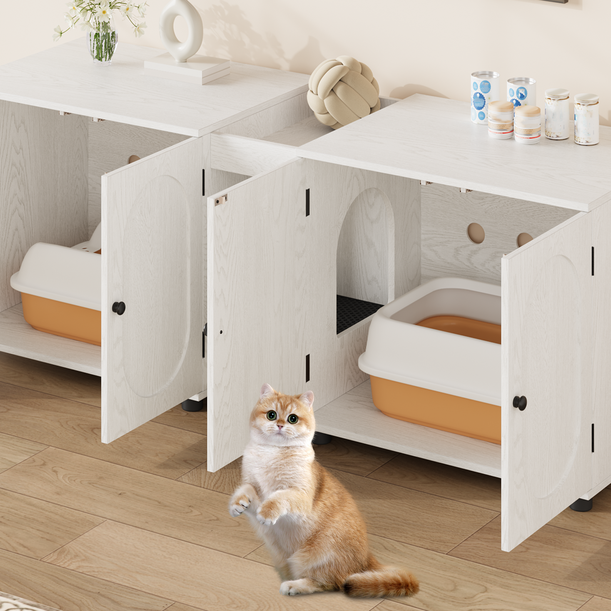 Garvee Cat Litter Box Enclosure, 55.1" Double Litter Box Furniture Large Cat Box Enclosure Kitty Litter Box for 2 Cats Hidden Cat Litter Cabinet Double Cage with Cat Litter Pad, White | Oval
