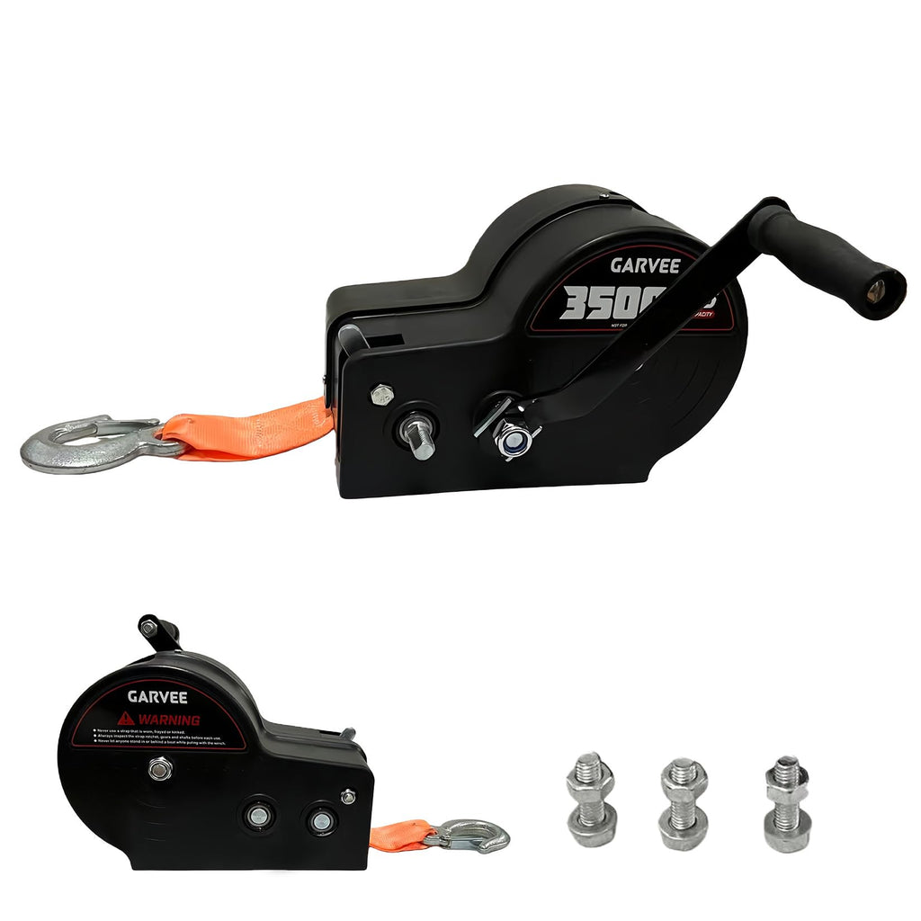 Garvee 3500 lbs Heavy-Duty Boat Trailer Winch - Hand Crank Winch with 33ft Strap, 4:1/8:1 Gear Ratio for Towing and Pulling Boats, Trailers, Trucks, RVs, ATVs, Jet Skis, and Off-Road Recovery, Orange