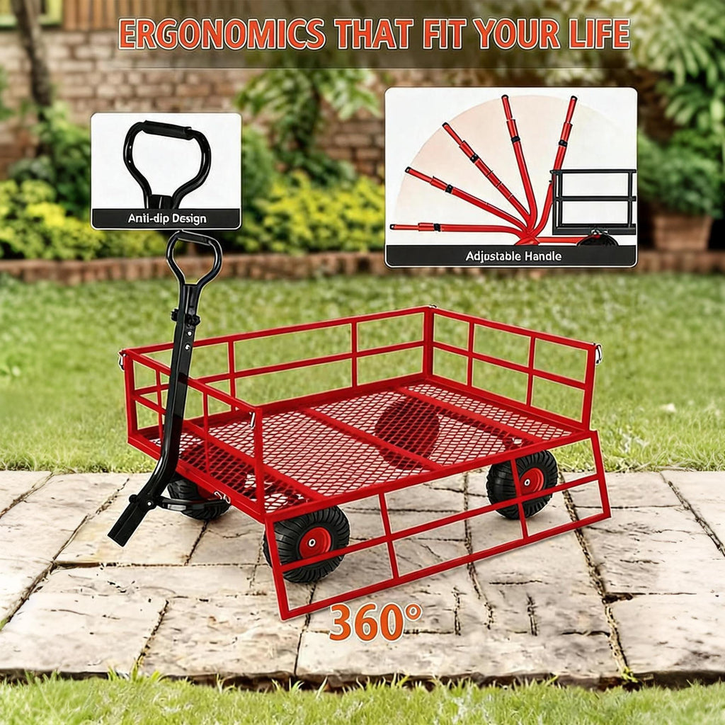 Garvee Steel Garden Cart for Lawn and Farm Use, 1200 lbs Capacity with 13-Inch Tires, Removable Sides and 2-in-1 Handle, Red