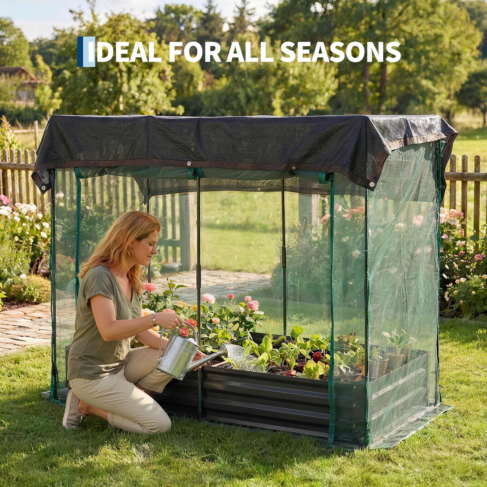 Garvee 8 x 4 x 1 FT Galvanized Raised Garden Bed with Crop Cage, 60% Shade Cloth, Zippered Mesh Doors & Pest Barrier for Vegetables, Herbs and Flowers, Black