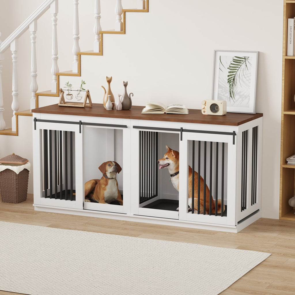 Garvee Heavy Duty Double Dog Crate Furniture for Large and Medium Breeds – Wooden Indoor Kennel with Sliding Barn Doors, Removable Divider, 2 Trays, Modern End Table Design – Color: White