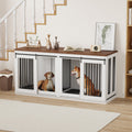 Garvee Heavy Duty Double Dog Crate Furniture for Large and Medium Breeds – Wooden Indoor Kennel with Sliding Barn Doors, Removable Divider, 2 Trays, Modern End Table Design – Color: White