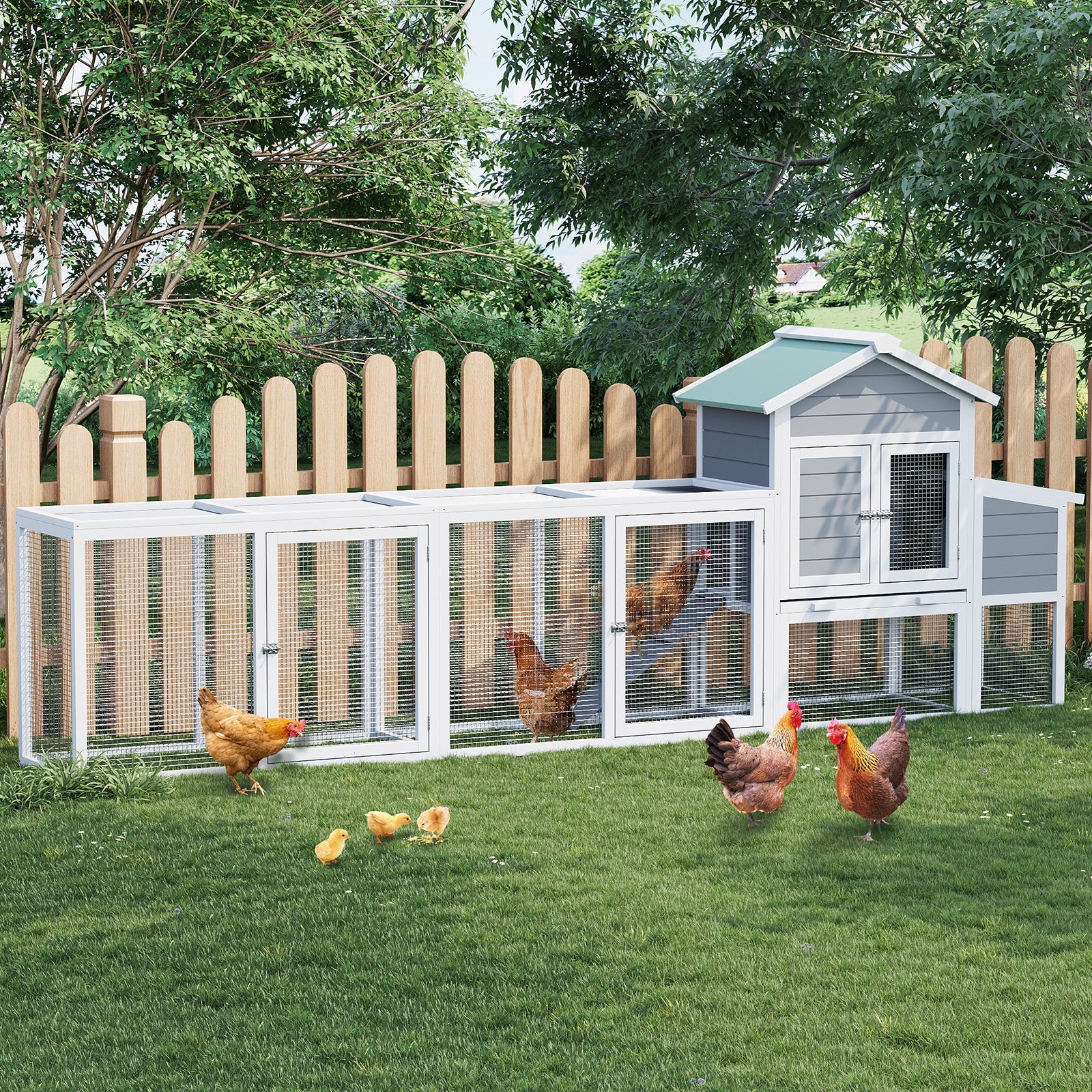 Garvee Spacious Outdoor Wooden Bird Cage – Large Chicken Coop with Run, Asphalt Roof, Nesting Box, Easy-Clean Sliding Tray – Perfect Aviary for 3-5 Chickens, Ducks, Rabbits – Sturdy 580 Chicken Cage, Green
