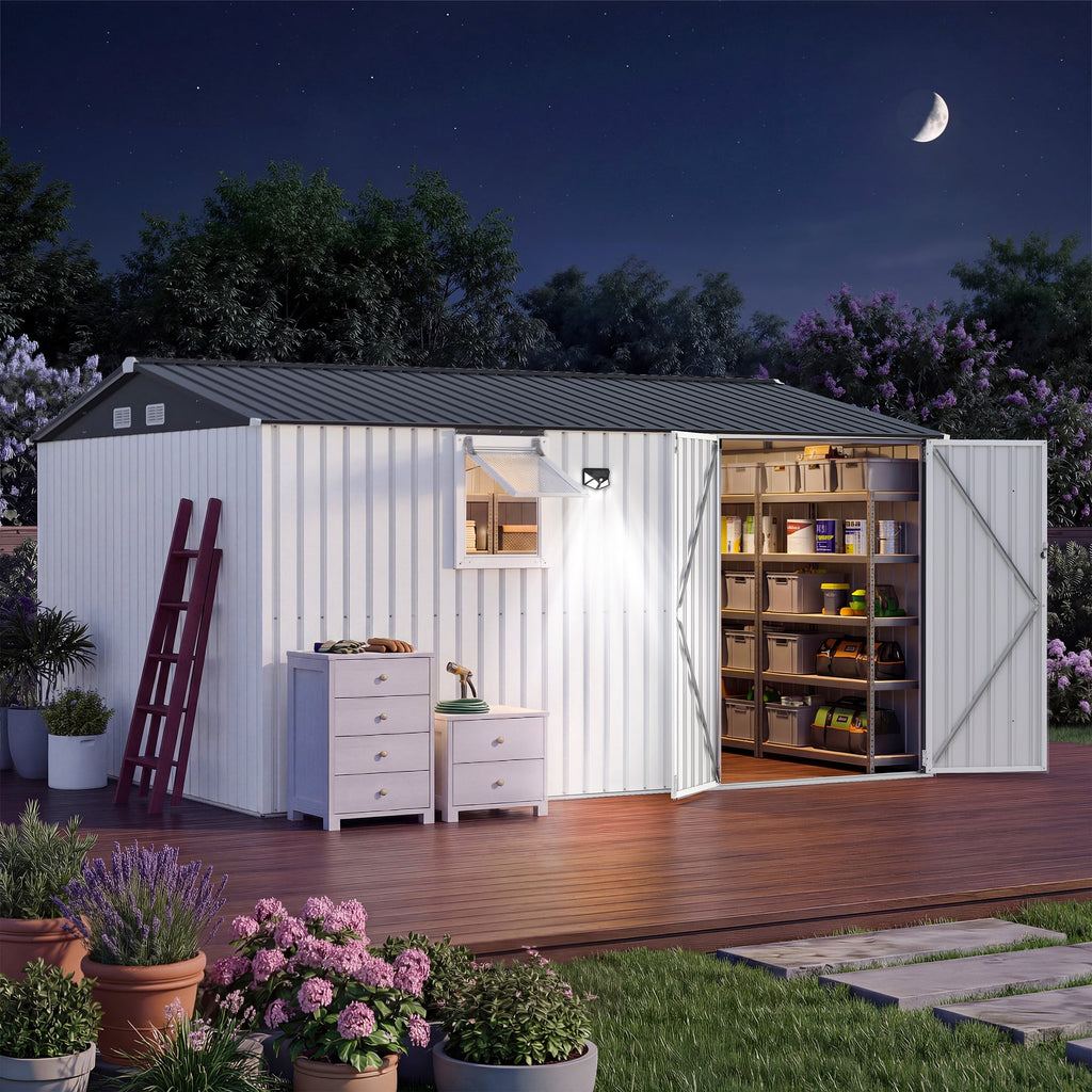 Garvee Outdoor Storage Shed, Metal Storage Cabinet with Lockable Doors & Windows, Heavy-Duty Backyard Storage Unit for Patio, Lawn & Garden