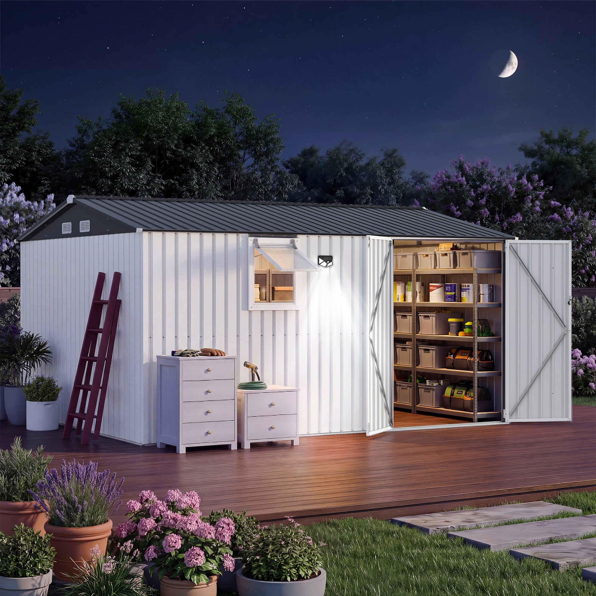 Garvee Outdoor Storage Shed, Metal Storage Cabinet with Lockable Doors & Windows, Heavy-Duty Backyard Storage Unit for Patio, Lawn & Garden