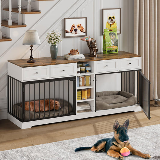 Garvee 82" Large Dog Crate for 2 Dogs, Dog Kennel Indoor with 4 Drawers and Shelves, Double Dog Crate Furniture TV Stand, Wooden Dog Cage for Medium Large Dogs, White