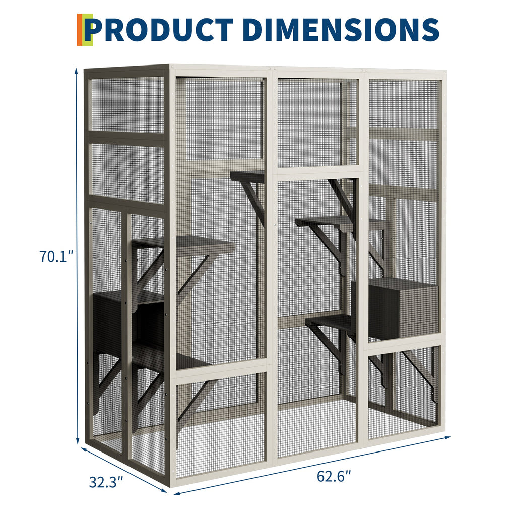 Garvee 70" Large Outdoor Catio Cat Enclosure, Wood Cat Patio with Waterproof UV-Resistant Roof, Cats Shelter with 5 Platforms and 2 Resting Box, and Secure Rust-Proof Wire for Backyard or Patio