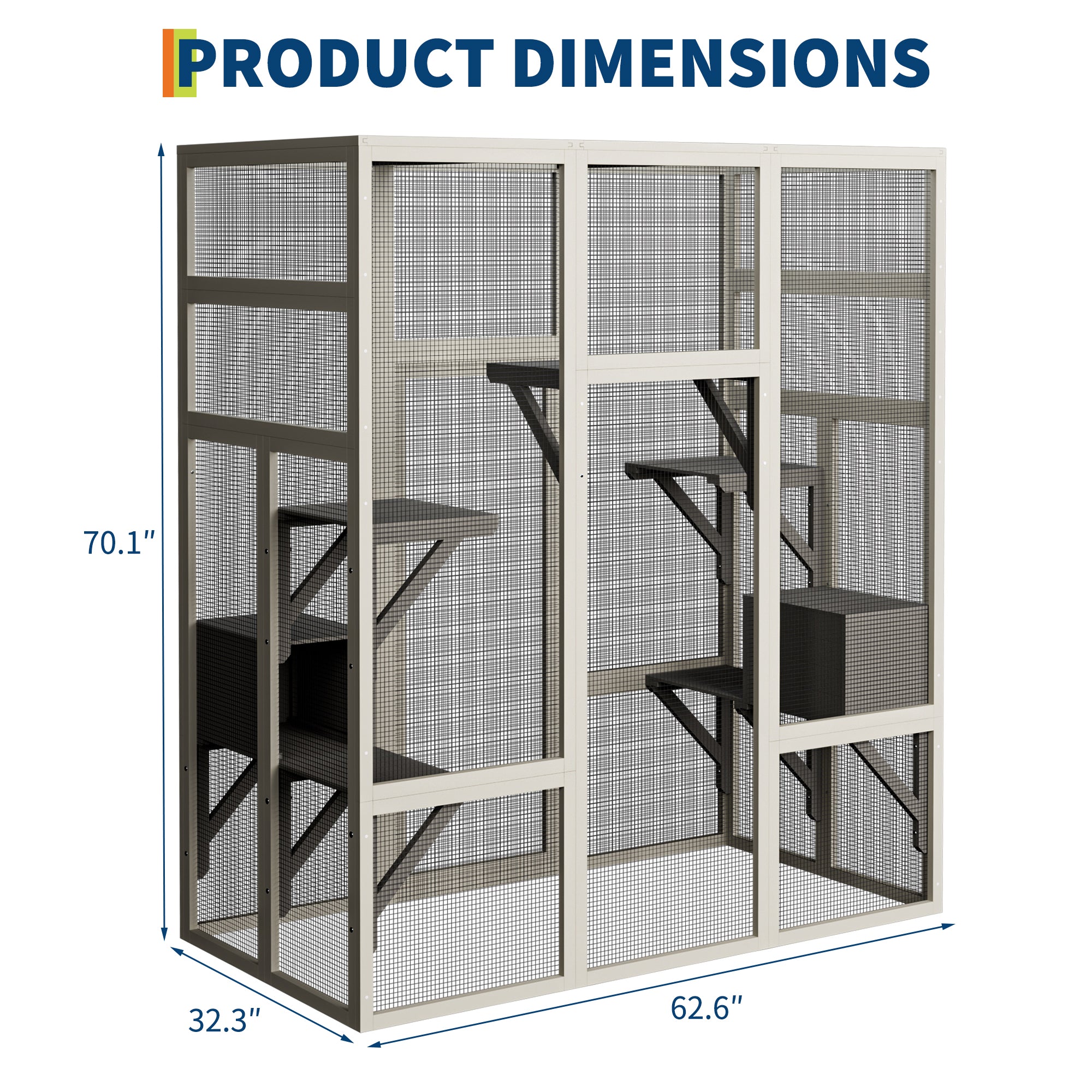 Garvee 70" Large Outdoor Catio Cat Enclosure, Wood Cat Patio with Waterproof UV-Resistant Roof, Cats Shelter with 5 Platforms and 2 Resting Box, and Secure Rust-Proof Wire for Backyard or Patio