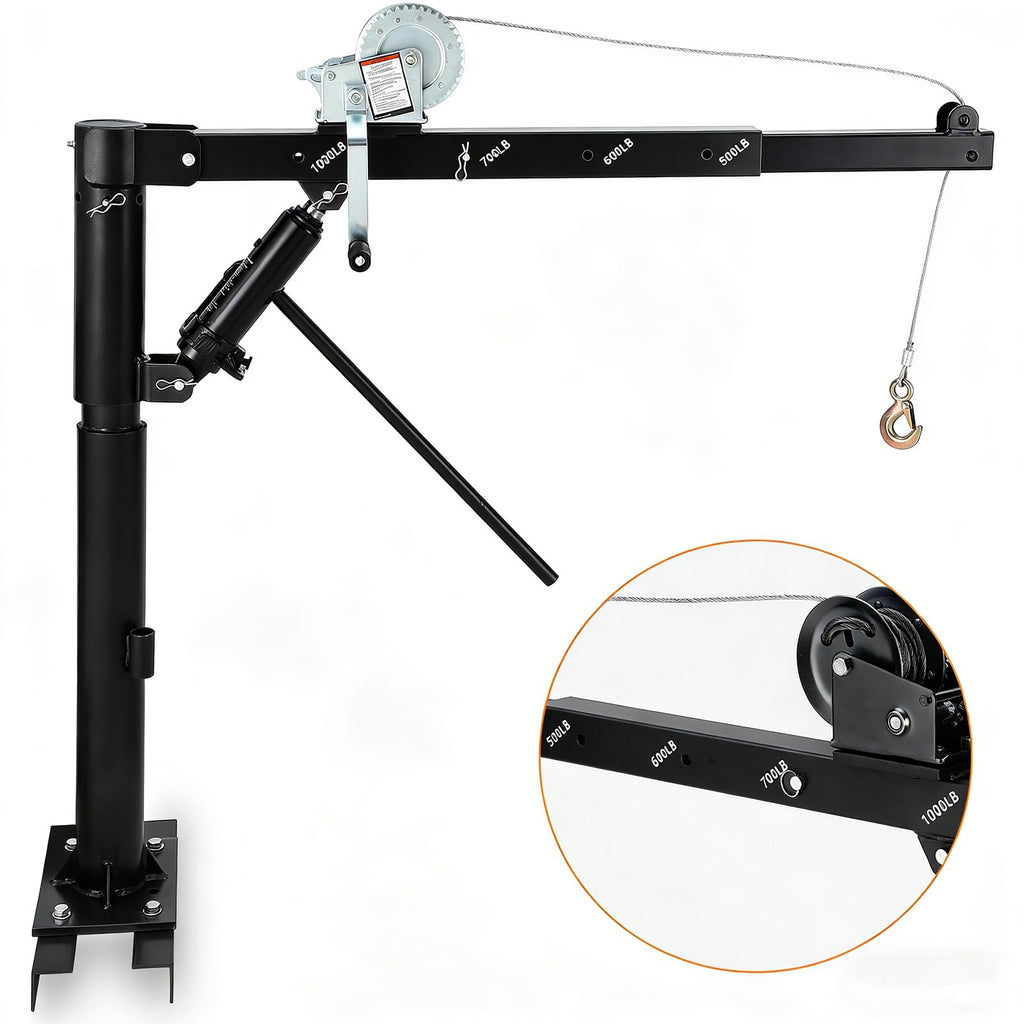 Garvee Pickup Truck Crane, 1000 lbs Capacity Hydraulic Hoist with 360° Swivel, Solid Steel Construction, and Adjustable Boom for Heavy-Duty Industrial Lifting, Black