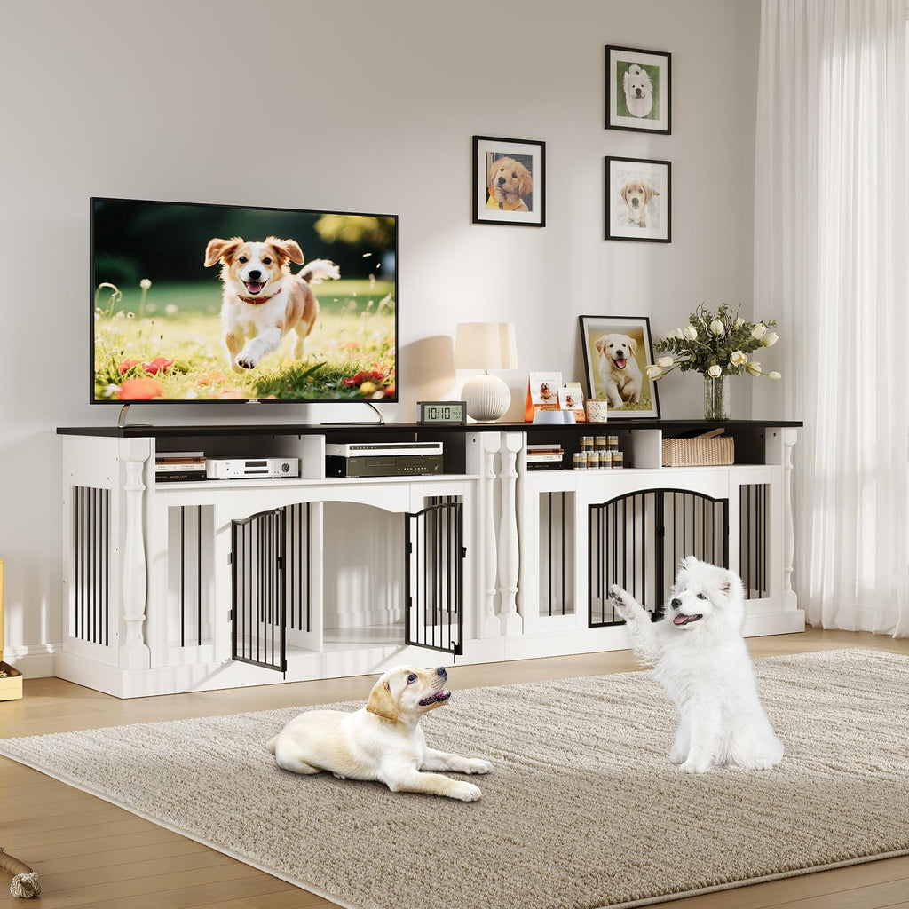 Garvee Roman Column 63 Inch Large Dog Crate Furniture for 2 Dogs with Open Storage, Heavy Duty Dog Kennel Entertainment Table TV Stand for Small and Medium Dogs, Black Table Top