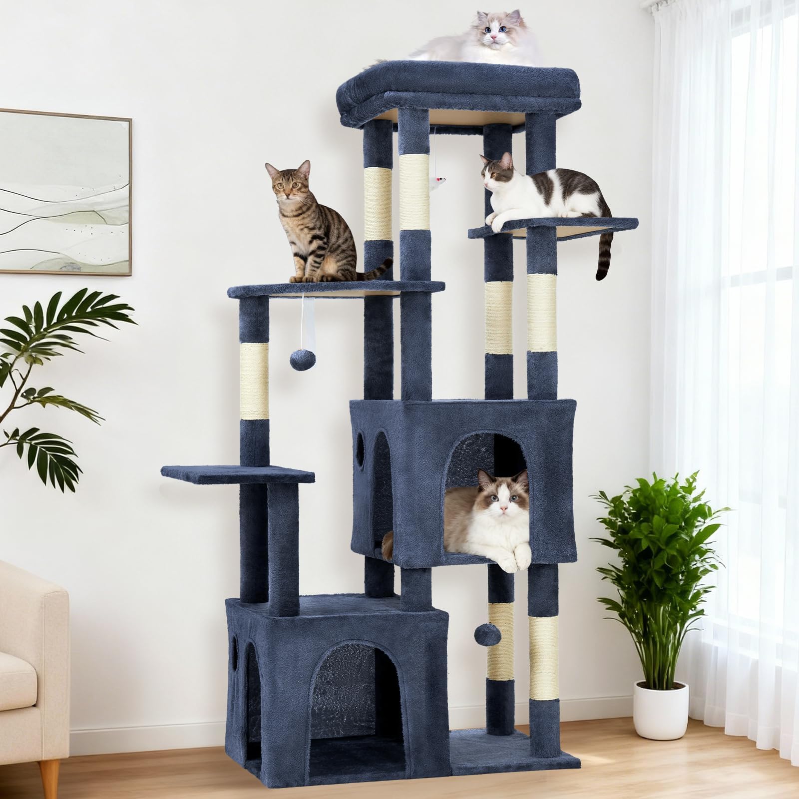 Garvee 61" Multi-Level Cat Tree for Indoor Cats, Heavy-Duty Tower for Large Adult & Maine Coon Cats with Oversized Perch, Dual Condos, Natural Sisal Scratching Posts & Play Toys – Blue