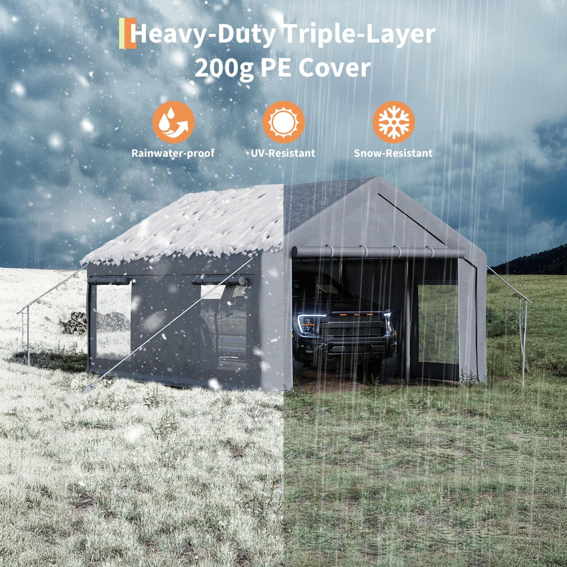 Garvee 12x20 ft Portable Garage Carport, 200 g PE Canopy Shelter with 2 Roll-Up Doors & 4 Windows, Heavy-Duty Metal Frame Storage Tent for Cars, Boats, Pickups & Outdoor Events, Gray