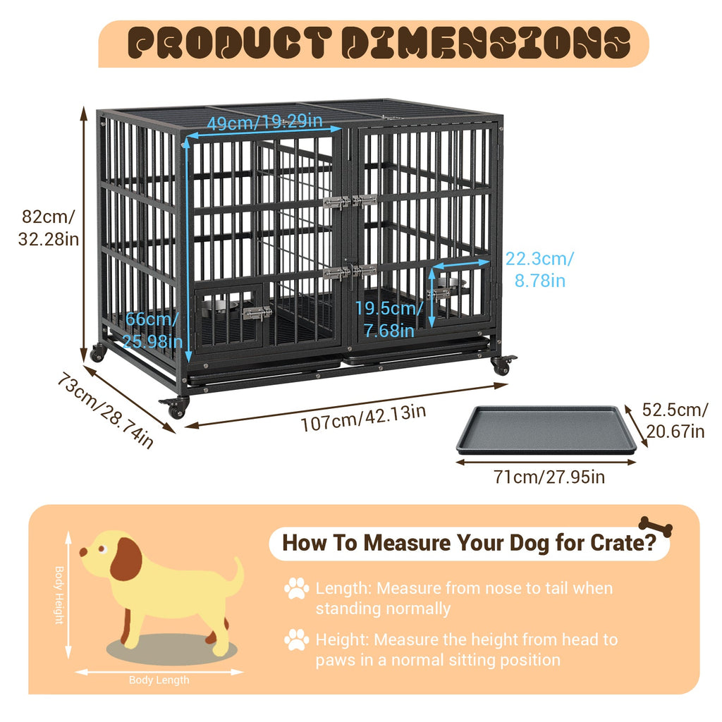 Garvee Heavy Duty Sliding Rail Dog Crate, 42 Inch Dog Crate with Double Door, 360° Lockable Wheels and Removable Tray, Easy to Assembly, Indoor Outdoor Dog Kennel for Small to Large Dogs