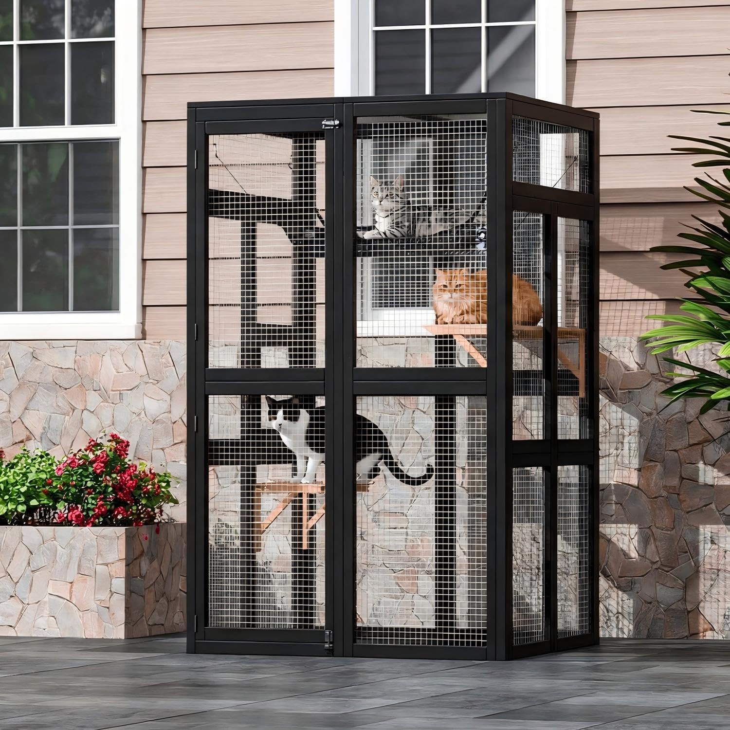 Garvee Spacious Outdoor Wooden Cat Cage, Weatherproof Roof, 2 Platforms, Hammock, Walk-In Window Access, Multi-Cat Catio Enclosure for Patio, Yard, or Indoor Use, Black