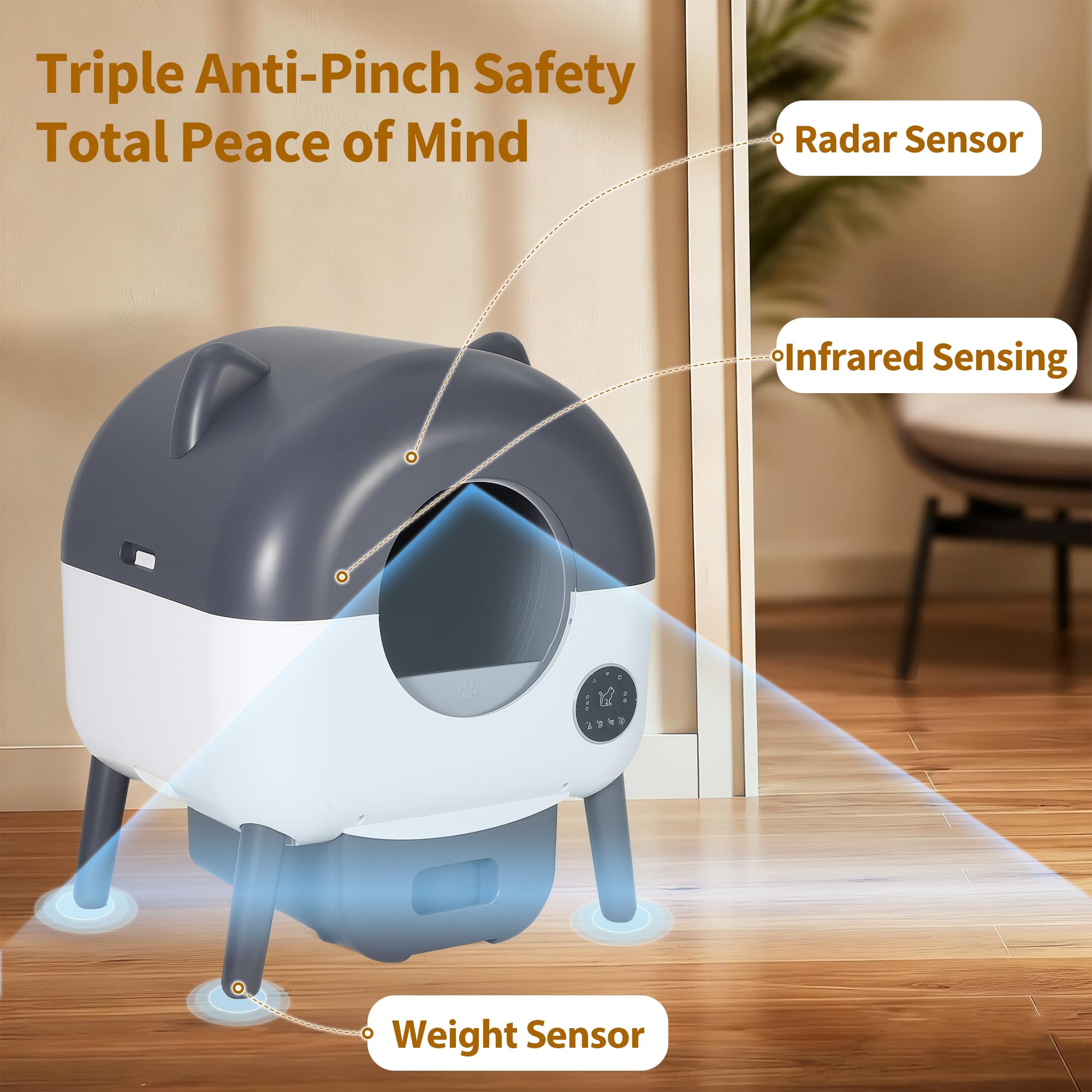 Garvee Automatic Self Cleaning Litter Box, 76L Capacity Extra Large Automatic Cat Litter Box for Multiple Cats, Smart Safety Sensors, App Control, Low Noise, Washable Tray & Trash Bag, Dark Gray