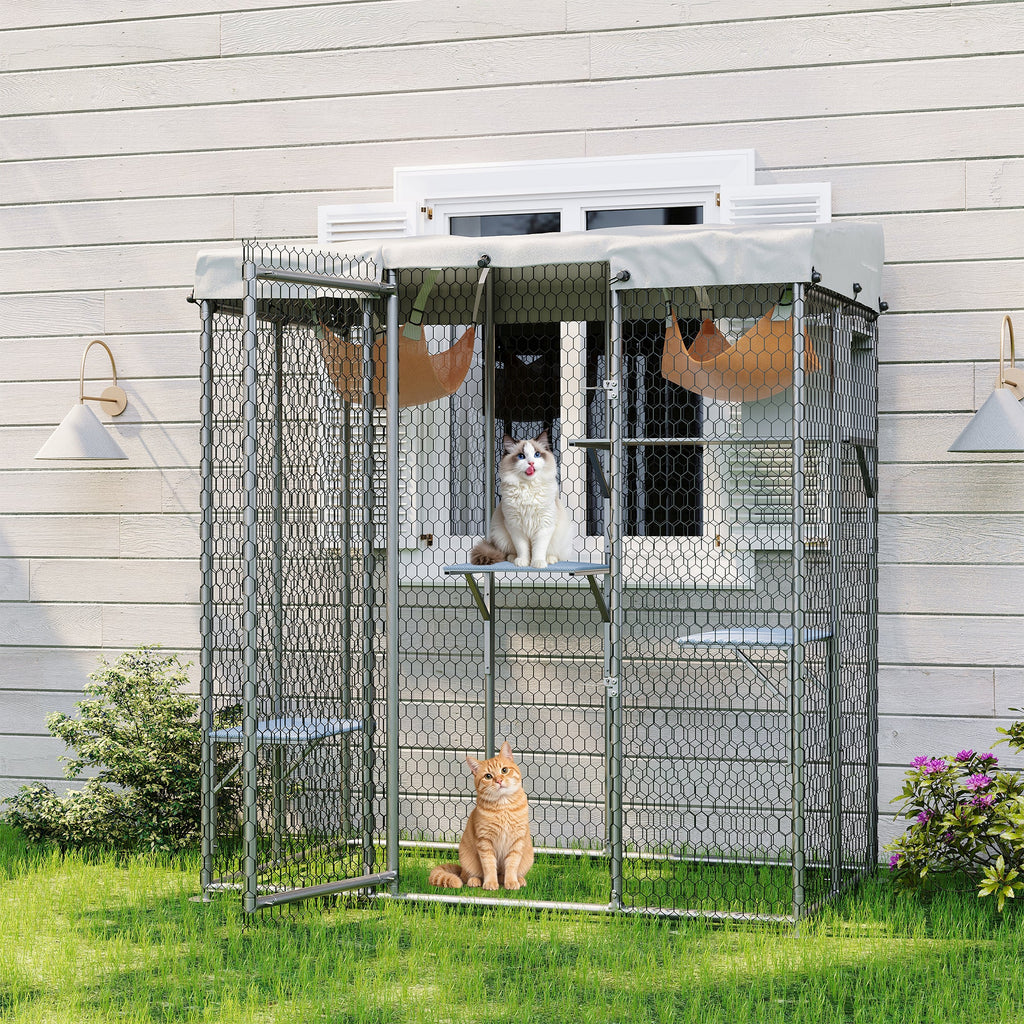 Garvee Large Outdoor Cat House Catio, Walk-In Metal Enclosure with 4 Platforms, Hammock, Weatherproof Canopy, Resting Condo, Spacious Shelter for Multiple Cats, Patio/Yard Use – Size JYCC-X200