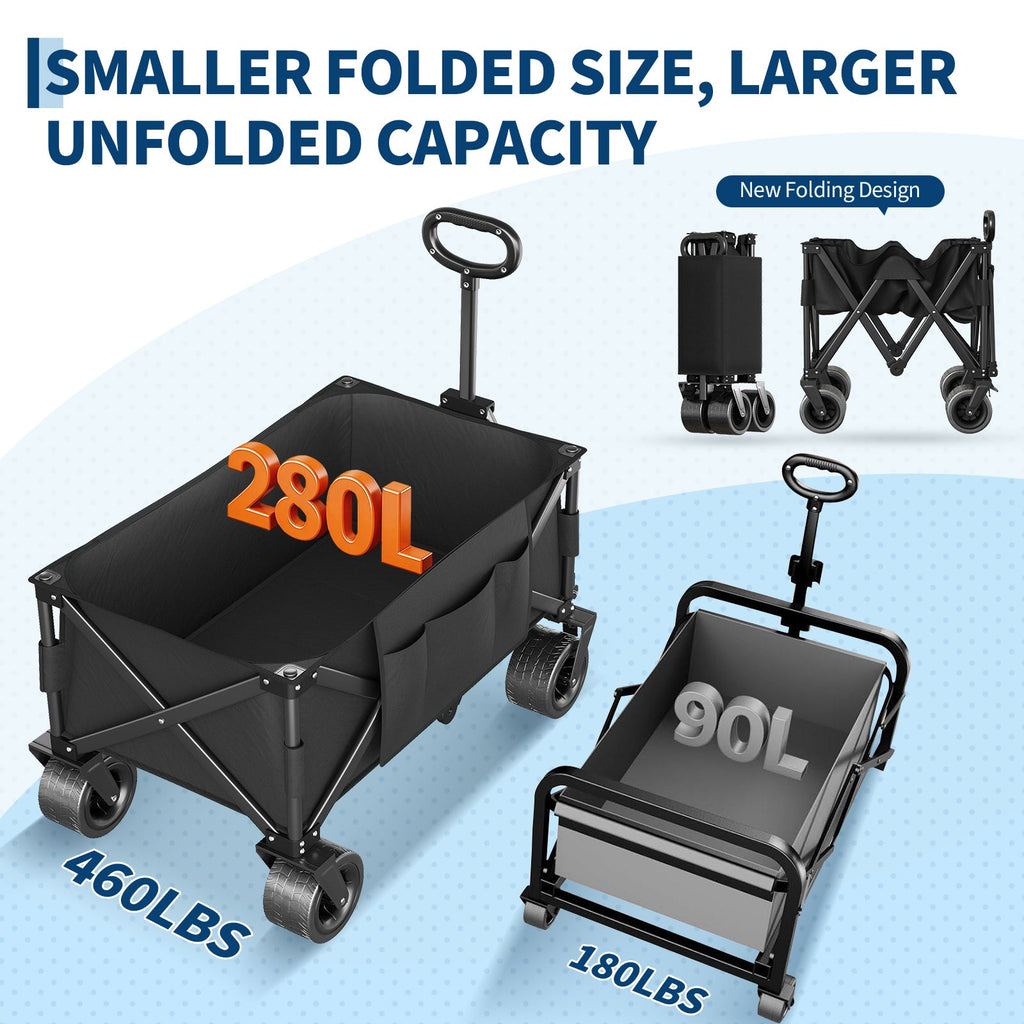 Garvee Heavy Duty Collapsible Garden Wagon Cart, 280L Large Folding Utility Wagon with 460 lb Capacity, All-Terrain Wheels, Side Pockets, Cup Holders & Storage Cover, Black
