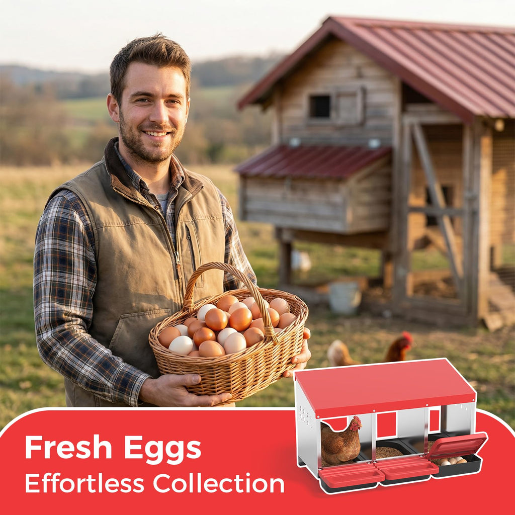 Garvee 3-Hole Metal Chicken Nesting Box, Roll Away Poultry Laying Box with Sloped Roof, 31.5"x20.5"x16.9", Red