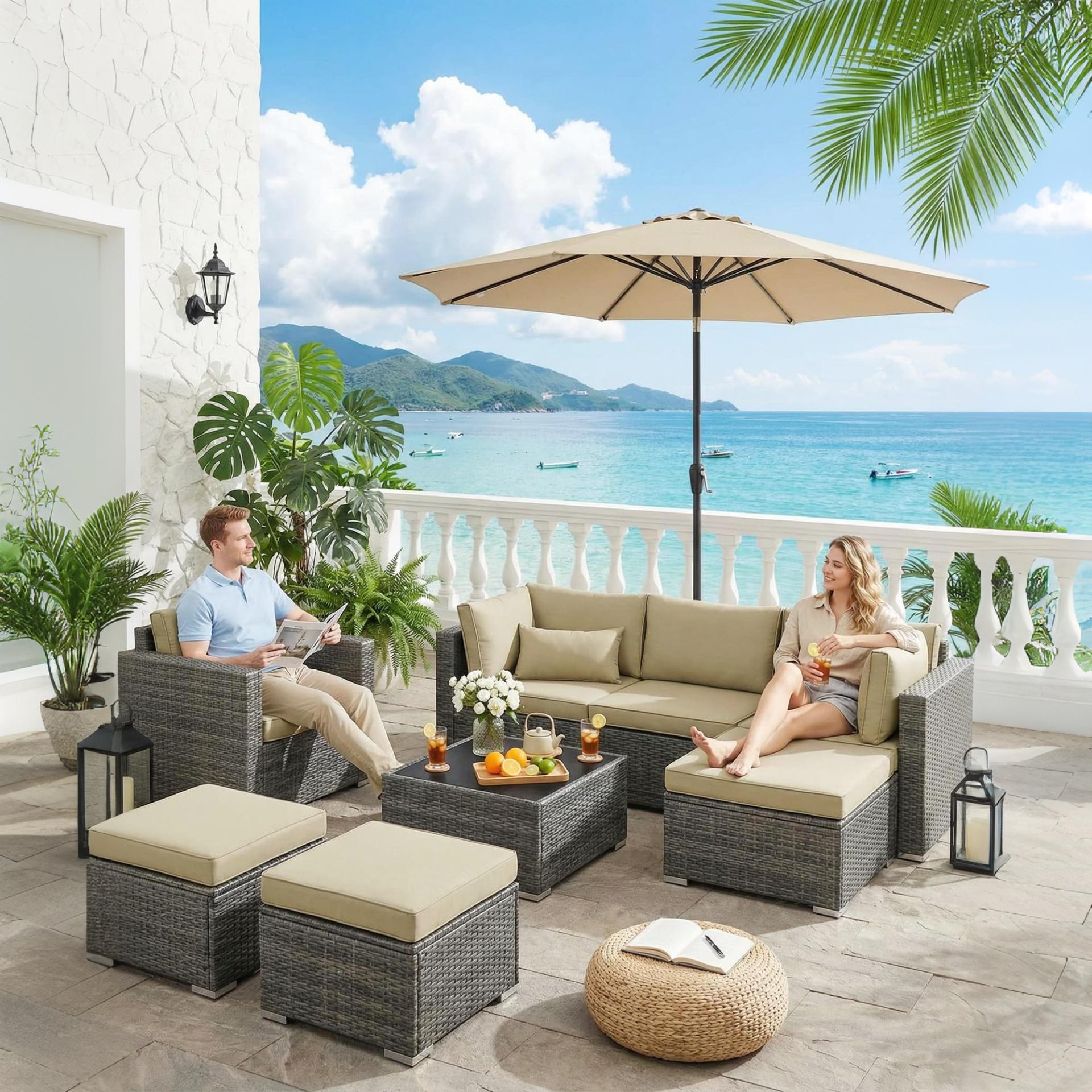 Garvee 10FT Outdoor Patio Umbrella, Outdoor Table Umbrella with Push Button Tilt and Crank, Market Umbrella with 8 Sturdy Ribs, UV Protection Waterproof for Garden Backyard Deck Pool, Brown