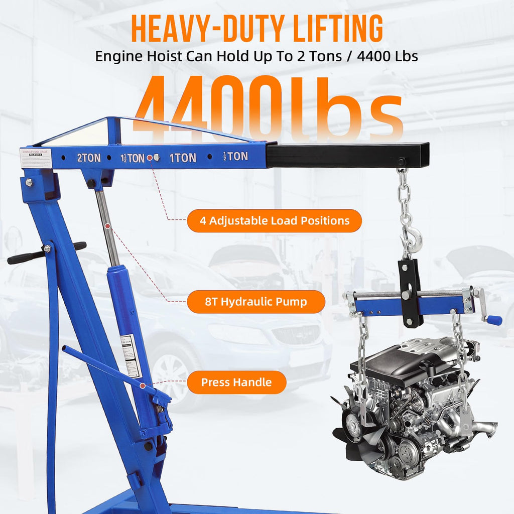 Garvee Engine Hoist 2 Ton Heavy Duty Folding Hydraulic Lift with Telescopic Boom, 6 Iron Casters, Carbon Steel, Lever, Blue - Workshop & Garage Use