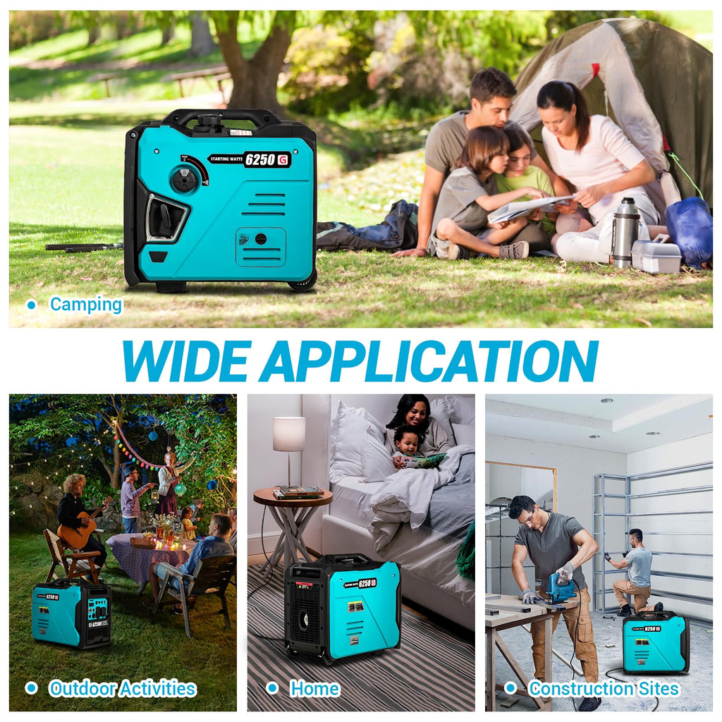 Garvee G6250 Portable Inverter Generator — 6250W Peak / 5800W Rated, 120V/60Hz, RV-Ready 30A, Ultra-Quiet <60 dB, 2.9 gal Tank, Wheels & Carry Handle