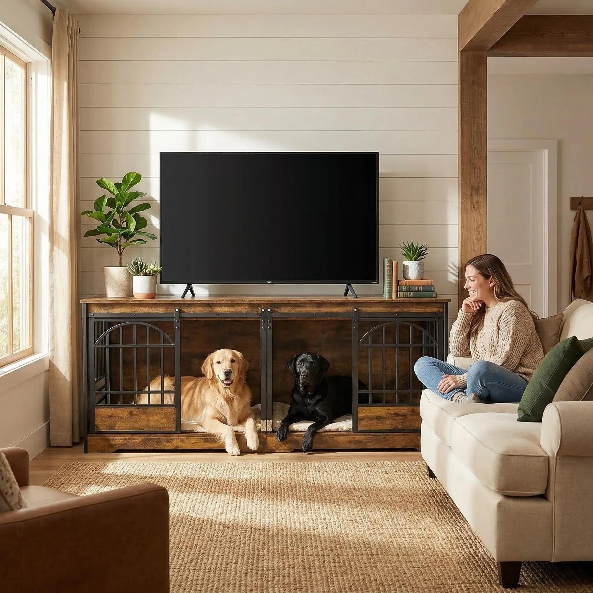 Garvee 78" Extra Large Dog Crate Furniture for 2 Dogs - Double Compartment, Sliding Barn Doors - Engineered Wood, Heavy Duty Steel Bars - Removable Divider, Farmhouse Style - Indoor Living Room, TV Stand