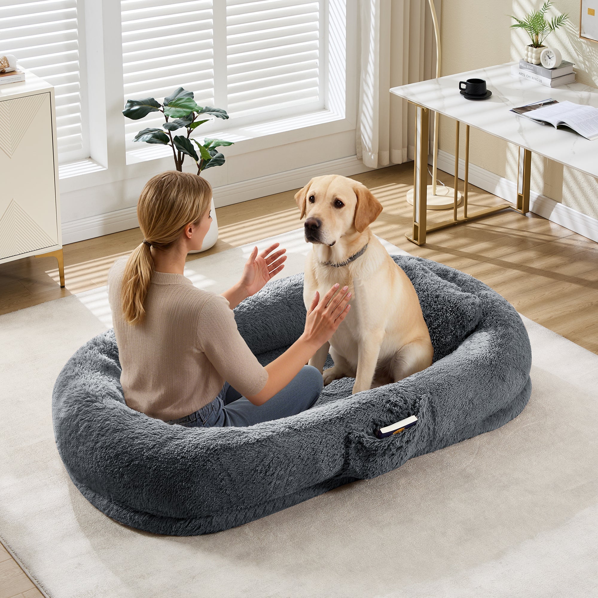 Garvee Orthopedic Soft Faux Fur Human Dog Bed for Adults & Pets – Large 67"x43"x8" Lounger, Plump Pillow, Removable Cover, Handle, Side Pocket, Washable, Bedroom, Office, Deep Blue