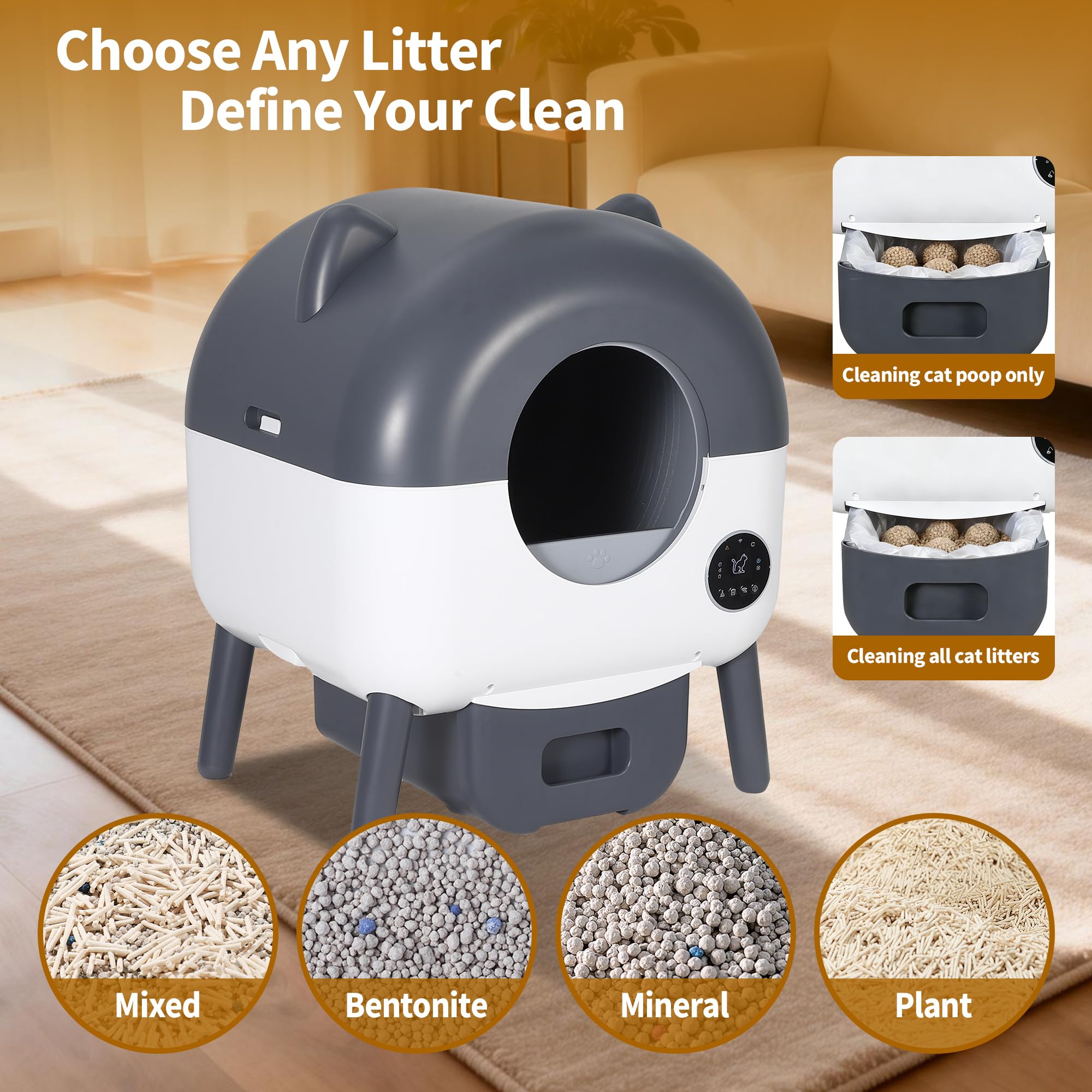 Garvee Automatic Self Cleaning Litter Box, 76L Capacity Extra Large Automatic Cat Litter Box for Multiple Cats, Smart Safety Sensors, App Control, Low Noise, Washable Tray & Trash Bag, Dark Gray