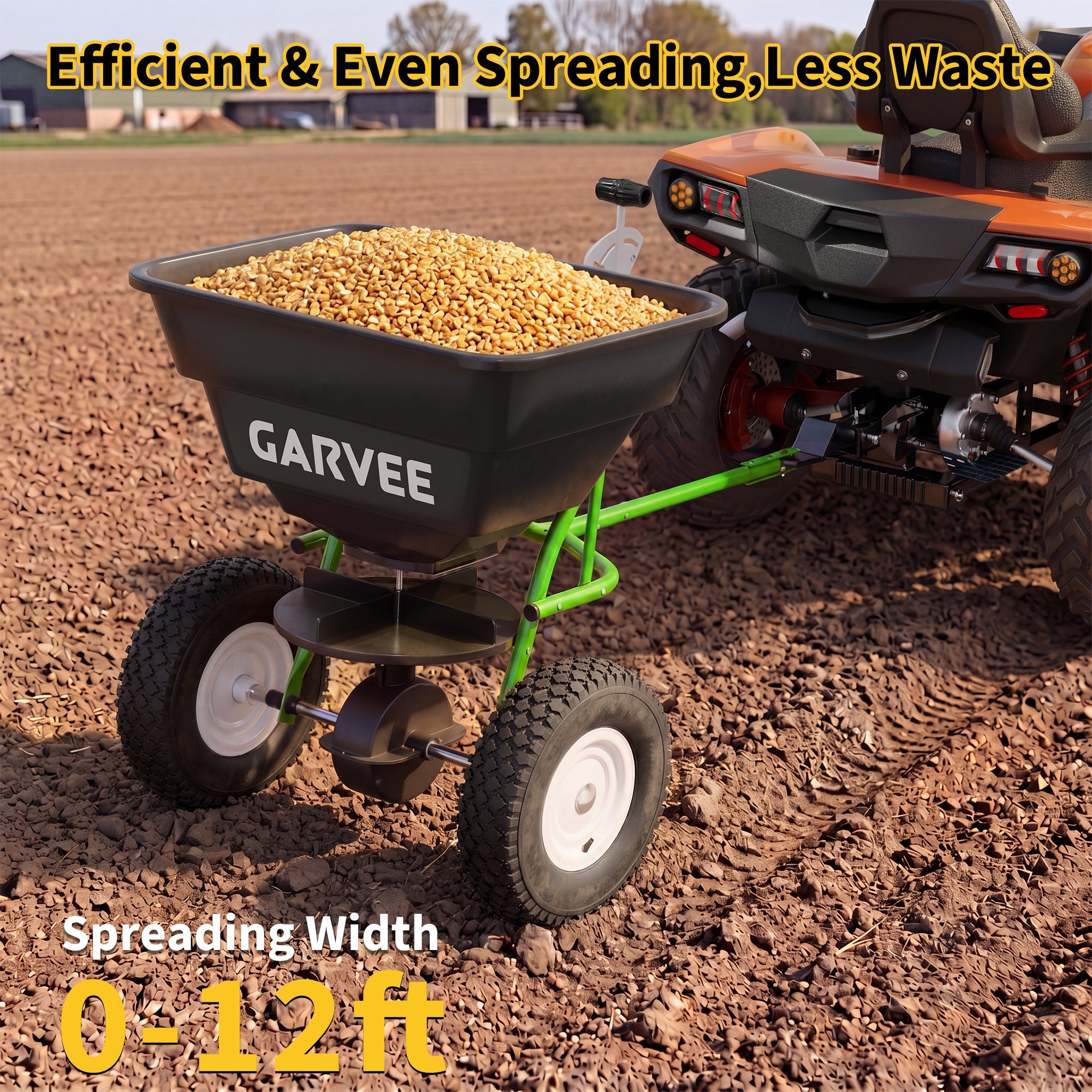 Garvee 85 lb Tow-Behind Broadcast Spreader with Adjustable Flow Control, 10-Inch Pneumatic Tires, Steel Frame & Universal Hitch for Seed, Fertilizer, Salt and Ice Melt, Black & Green