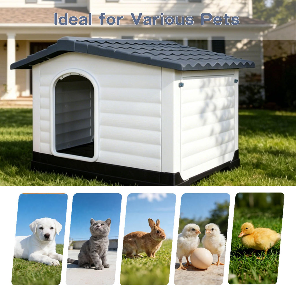 Garvee 2-Door Large Dog House for Indoor and Outdoor Dog House with Fold-Out Porch Elevated Base, Waterproof Pet House for Small and Medium Dogs, Easy Assembly, Gray (38''L x 26''W x 31''H)
