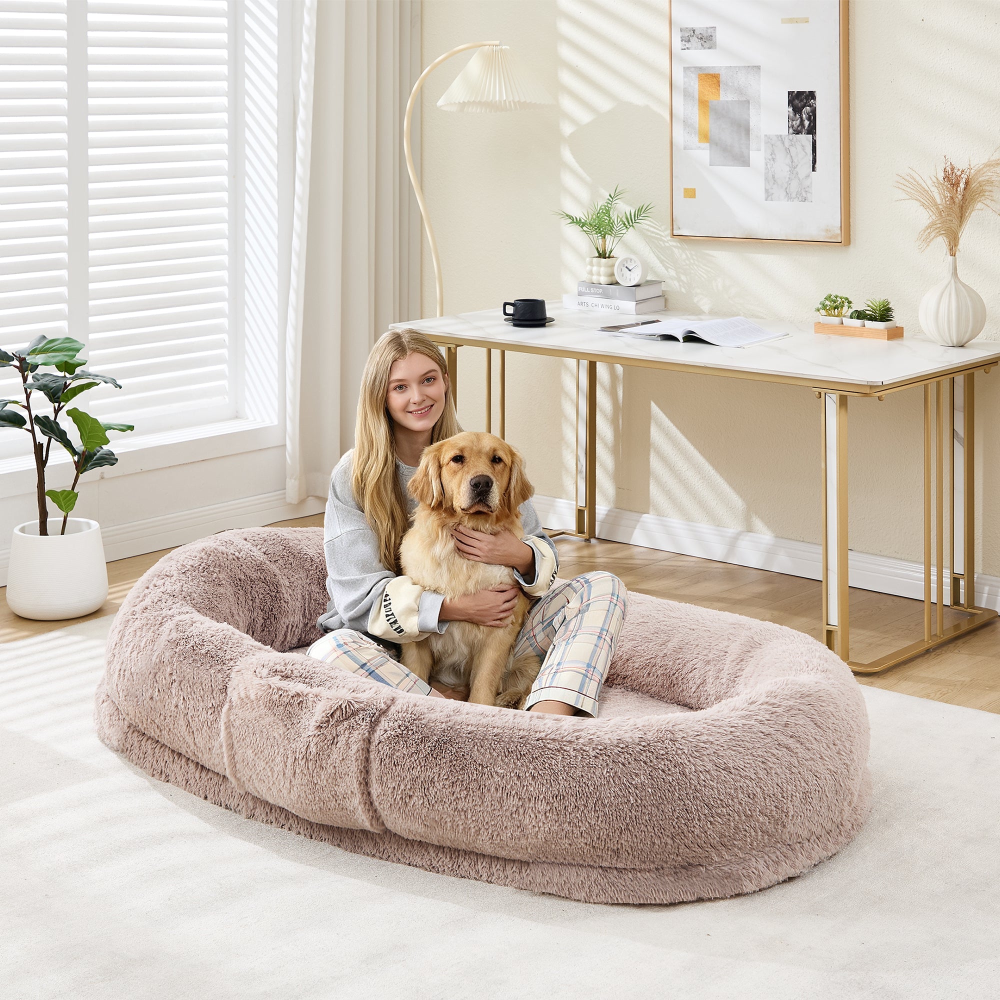 Garvee Orthopedic Memory Foam Dog Bed for Adults & Pets – Oversized Bean Bag Sofa, Washable Faux Fur Cover, Side Pocket, Waterproof, Calming Nap Couch for Living Room or Bedroom – Light Brown