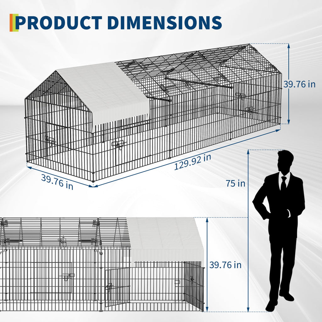 Garvee 130" Large Metal Chicken Coop and Rabbit Hutch – Portable Corrosion-Resistant Poultry Run Cage with Weatherproof 600D Oxford Cover and Secure Latches for 8-15 Hens, Ducks, or Small Animals (Black)