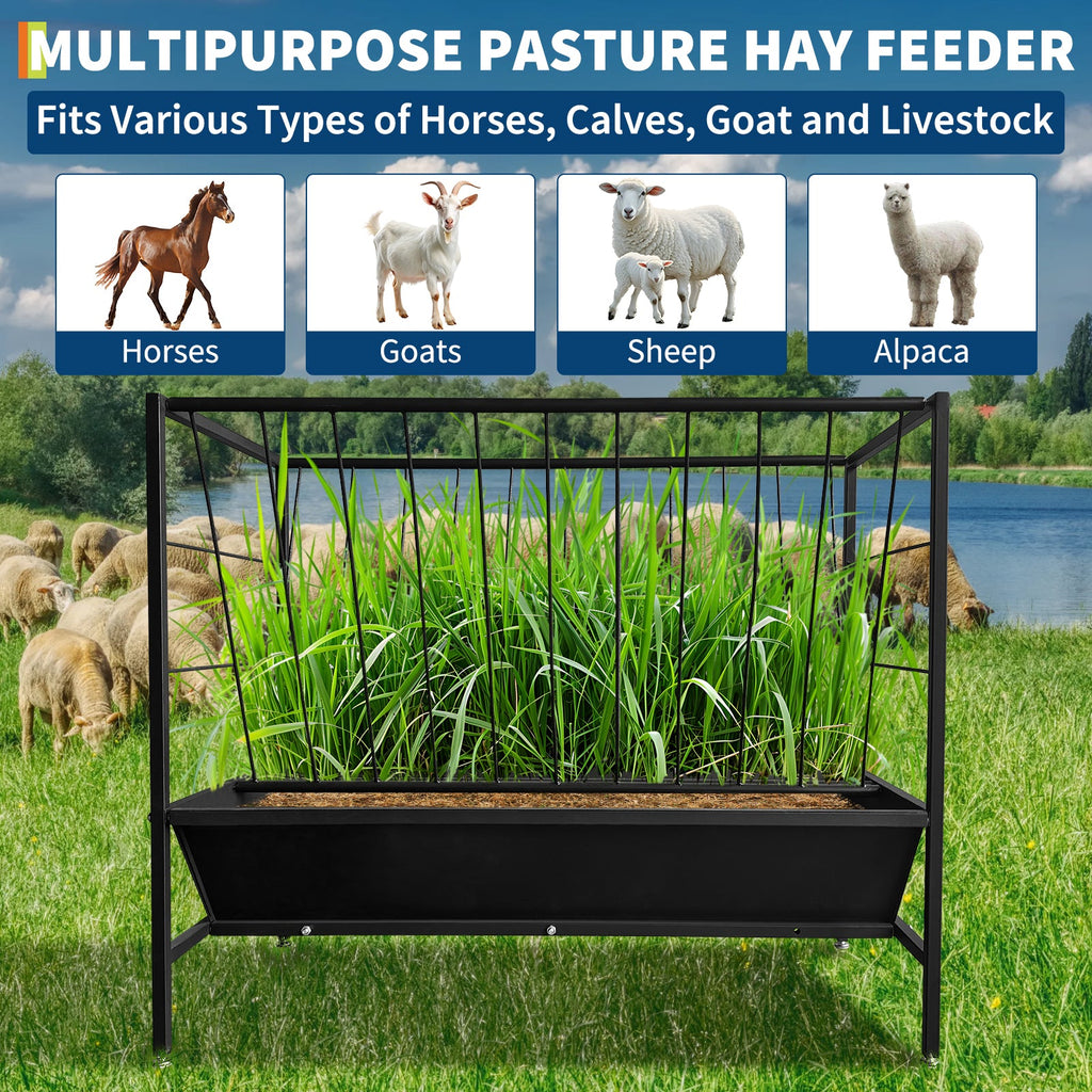 Garvee Heavy Duty 2-in-1 Livestock Hay and Grain Feeder Set – Durable Steel Multi-Sided Trough, 45 Gallon Hay Rack with 24 Gallon Feed Pan – Large Capacity, Weather-Resistant for Goats, Sheep, Horses, Cows, Calves – Ideal for Pasture or Stable – 45+25