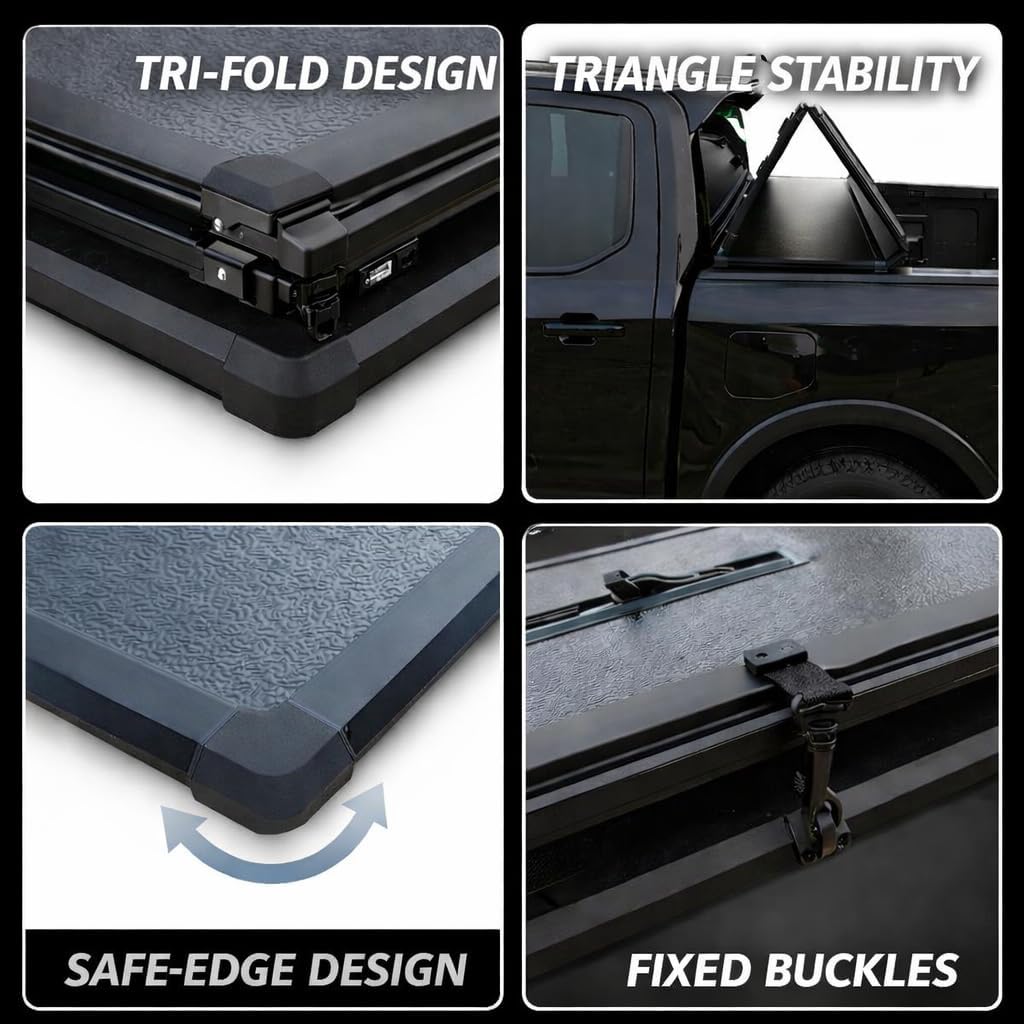 Garvee Hard Folding Tonneau Cover for 2022-2023 Ford F150 4.2ft Bed - Zinc Aluminum Alloy, Tri-Fold Design, Clamp-On Installation, Black, Secure Cargo Protection