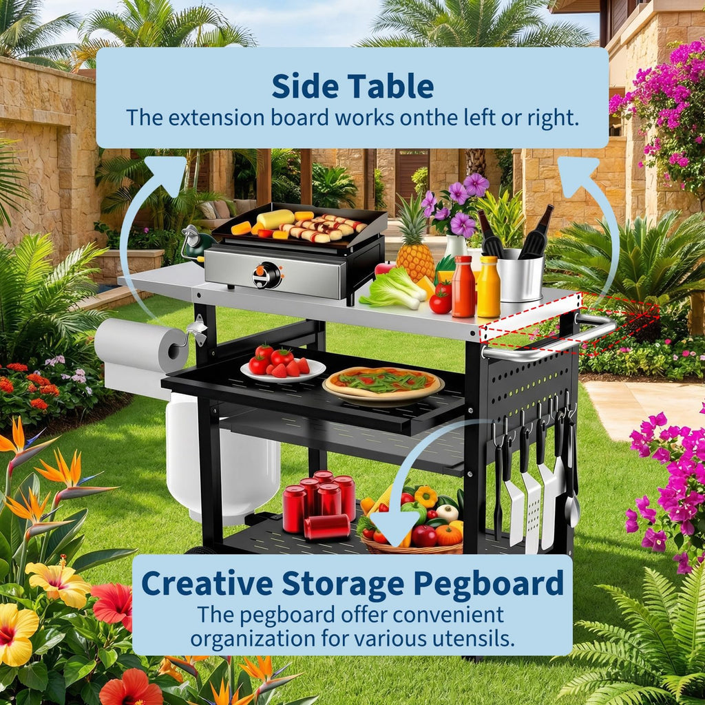 Garvee Stainless Steel Outdoor Picnic Table with 3 Shelves & Pegboard, Adjustable Drawer, Rust-Resistant Steel, Mobile Grill Cart with Wheels & Handles for Garden BBQ