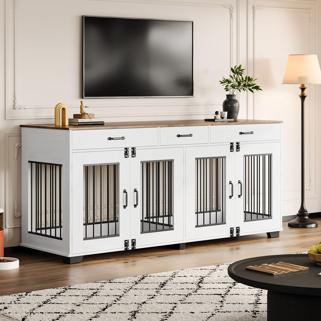 Garvee 71-Inch Large Dog Crate with Divider and 3 Drawers, Spacious Wooden Indoor Kennel, Double Doors with Locks, Brown & White, for Medium Large Dogs, Home Use