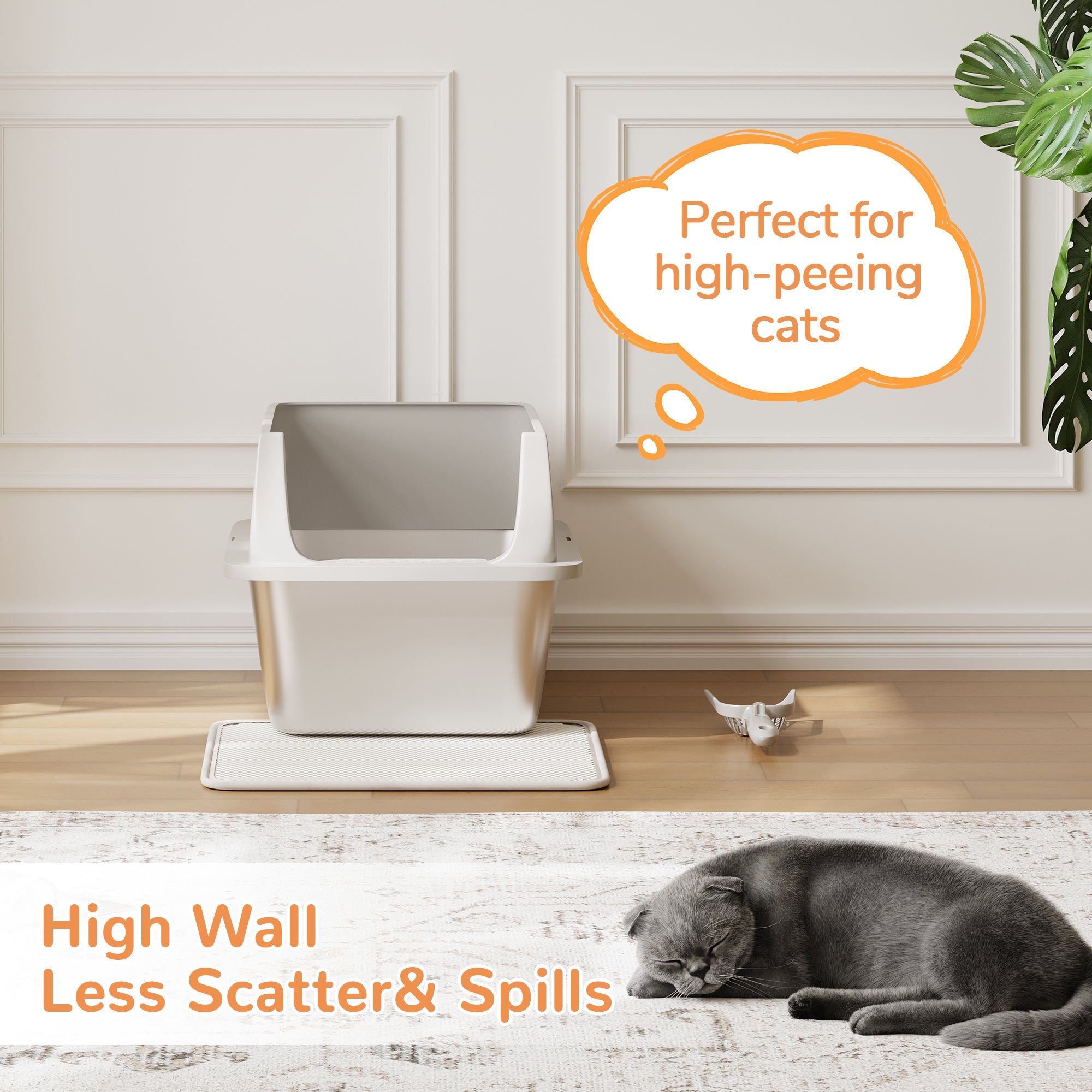 Garvee Extra Large Stainless Steel Litter Box, XLarge Open Cat Litter Box with High Sided Enclosure & Scoop & Litter Mat, Odor Free, Anti-Leakage, Metal Cat Box for Big Cats, 14"H