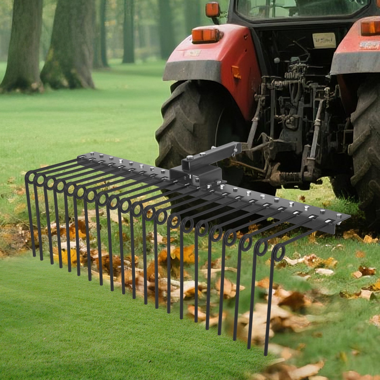 Garvee Heavy-Duty Pine Straw Landscape Rake – 60-Inch Powder-Coated Steel, 21 Coil Season Tines, 2-Inch Receiver Hitch Compatible with Lawn Tractors, ATV, UTV