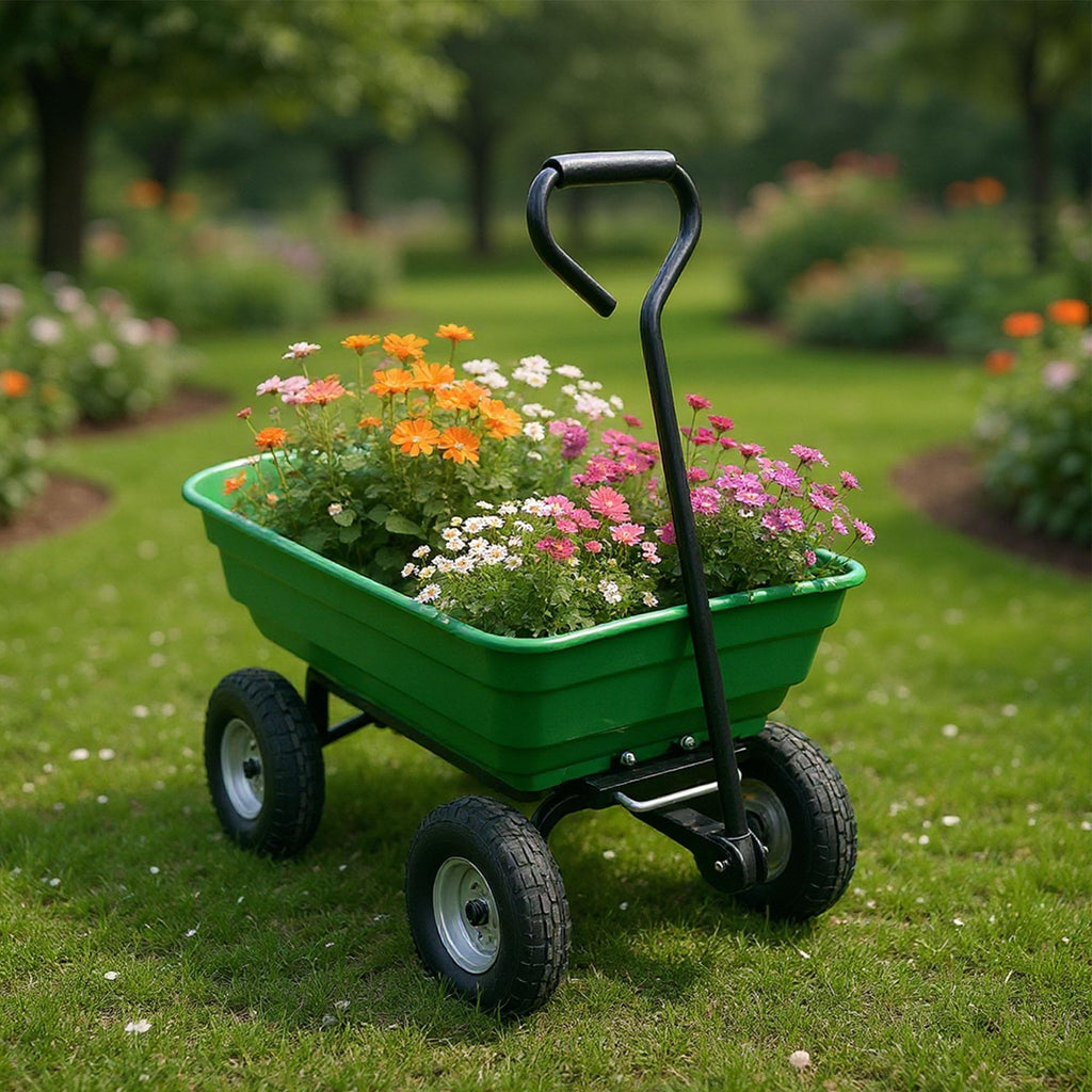 Garvee Garden Wheelbarrow Cart, 4-Wheel Green Utility Wagon with Built-In Stand for Yard Work, Planting and Home Outdoor Transport